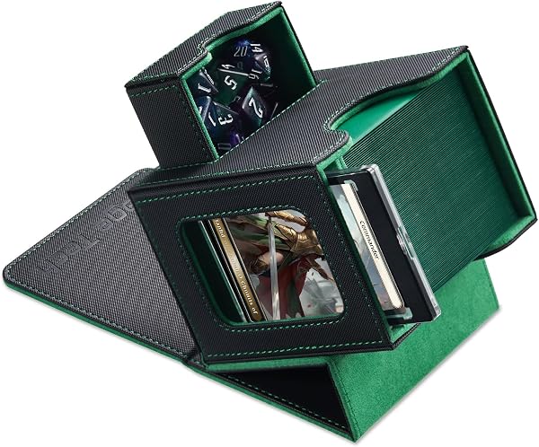 Mage Tech Boîte pour Decks Commander pour MTG - Conception Brevetée, Affichage Commander, Convient pour 100 Cartes Double-Sleeve, Porte-Carte Magnétique de 35pt & Plateau à Dés – Noir/Vert - 1