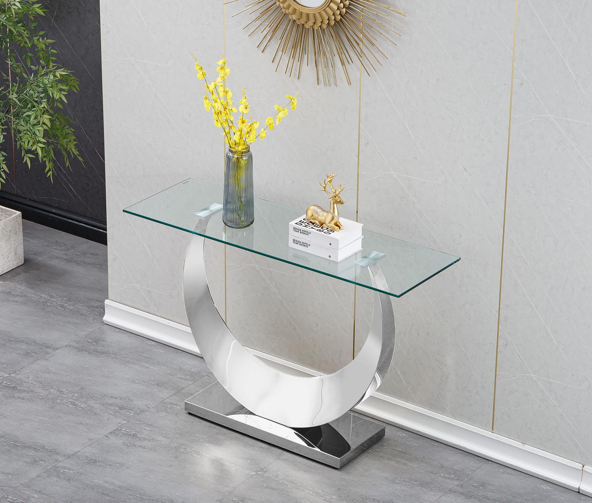 Modern Glass Console Table, 47" Entryway Sofa Table with Silver Moon-Shape Stainless Steel Frame and Clear Tempered Glass Top, Rectangular Console