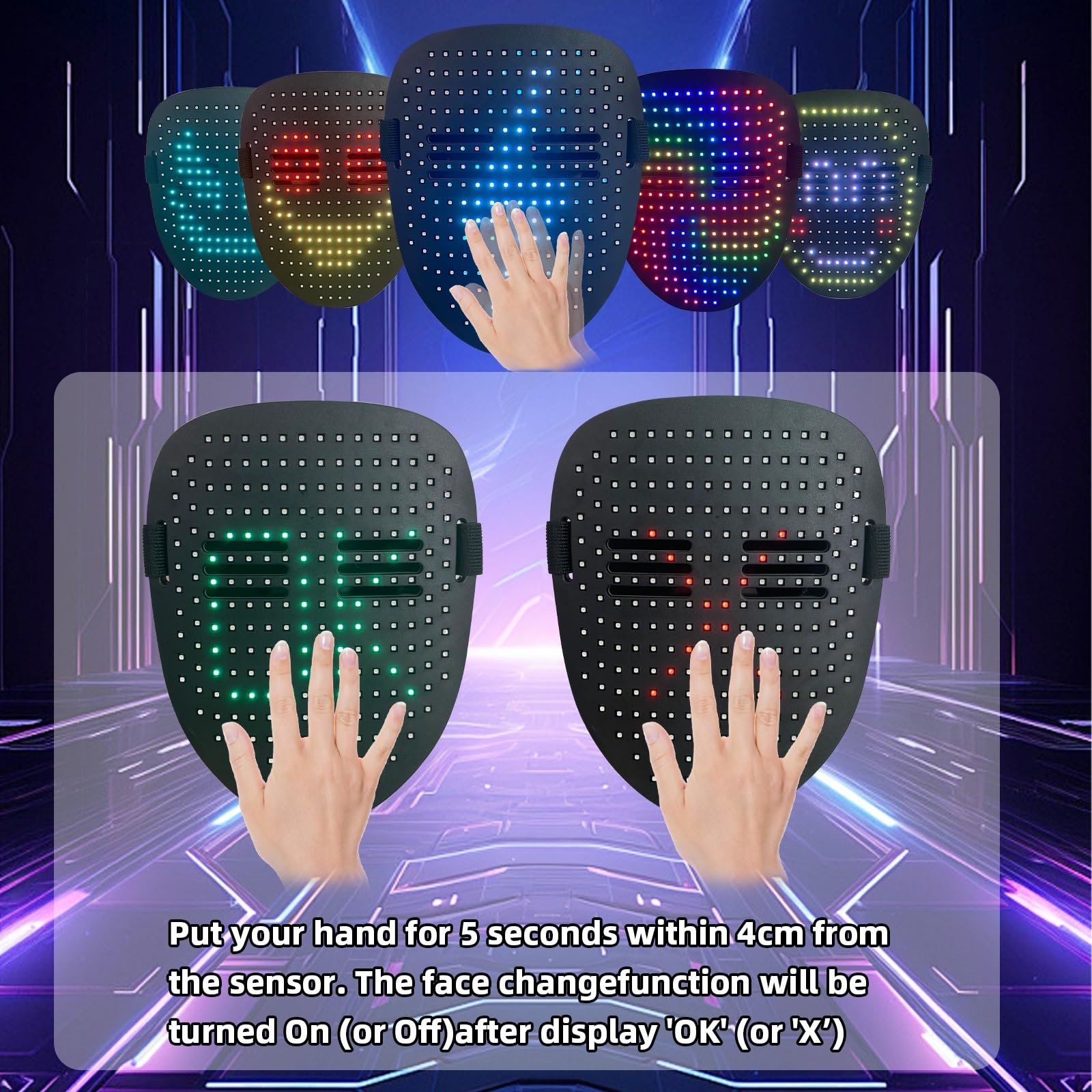 Maschera LED con rilevamento dei gesti, maschera illuminata per Halloween