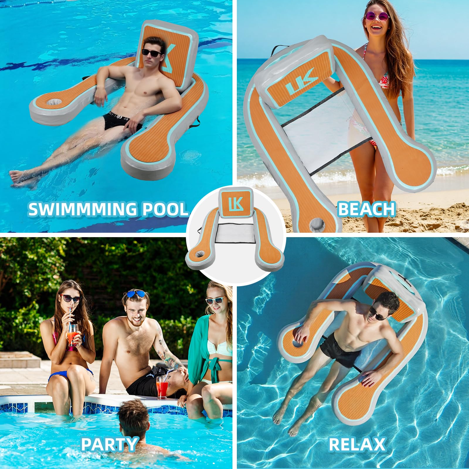 Flotador inflable de piscina de 50 x 44 pulgadas para adultos con soporte para tazas, silla flotante de 4.17 pies, flotadores de lago para adultos con respaldo de reposabrazos para piscina