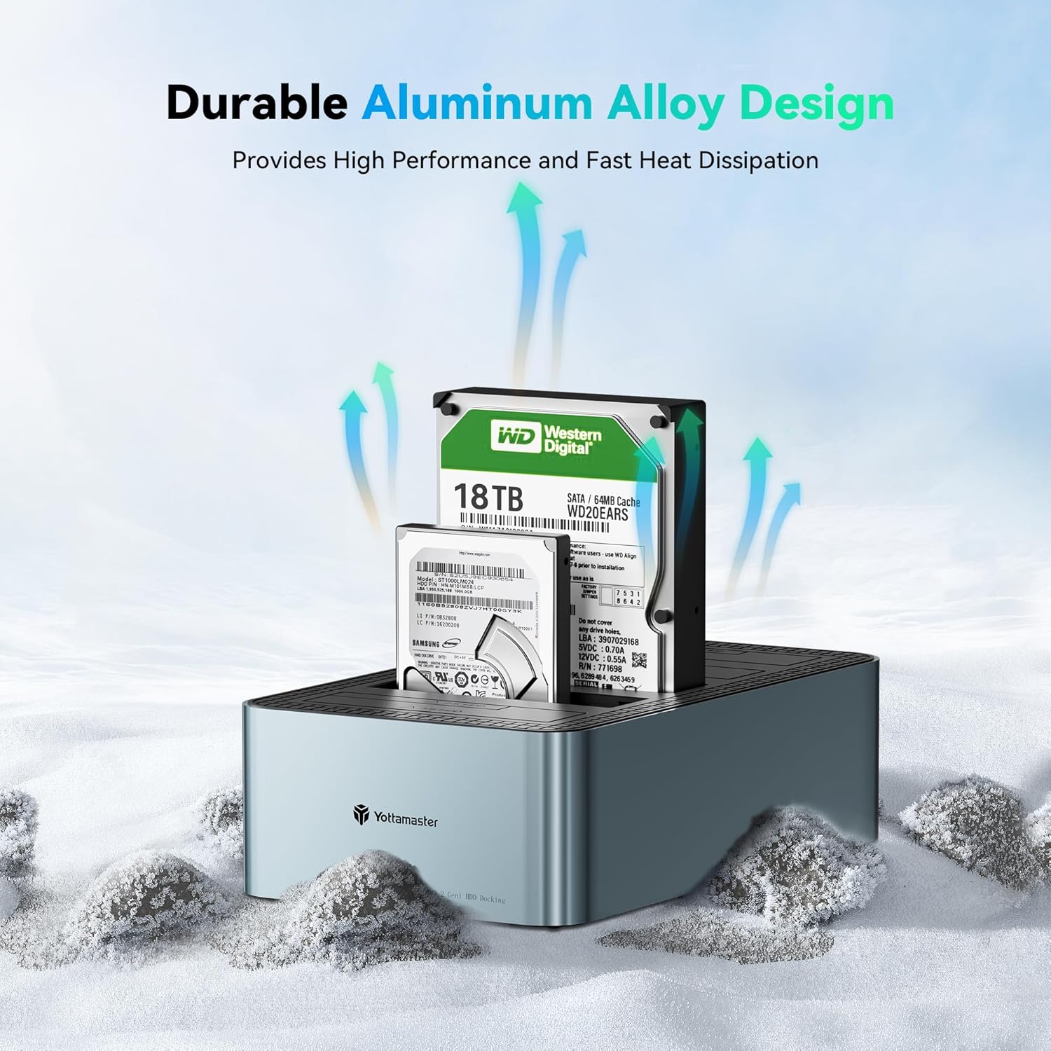 Durable aluminum alloy design of the Yottamaster docking station, emphasizing heat dissipation.