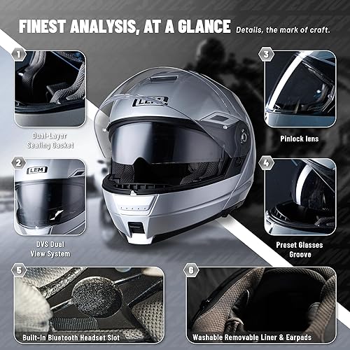 Miniatura 8 de LEM - Casco modular de motocicleta de fibra de vidrio, casco integral de motocicleta abatible para viajes, certificado DOT, visera solar desmontable
