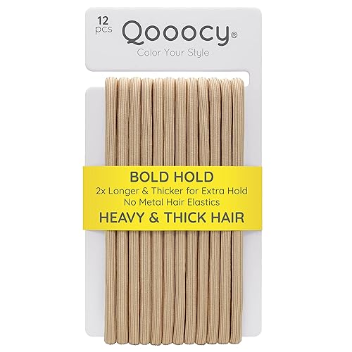 Qooocy Extra Long Hair Tie for Thick and Curly Hair - Elastic Ponytail Holders for Women or Men, No Metal Long-Lasting Braids Hair Accessories, 12 Count, Beige - Beige