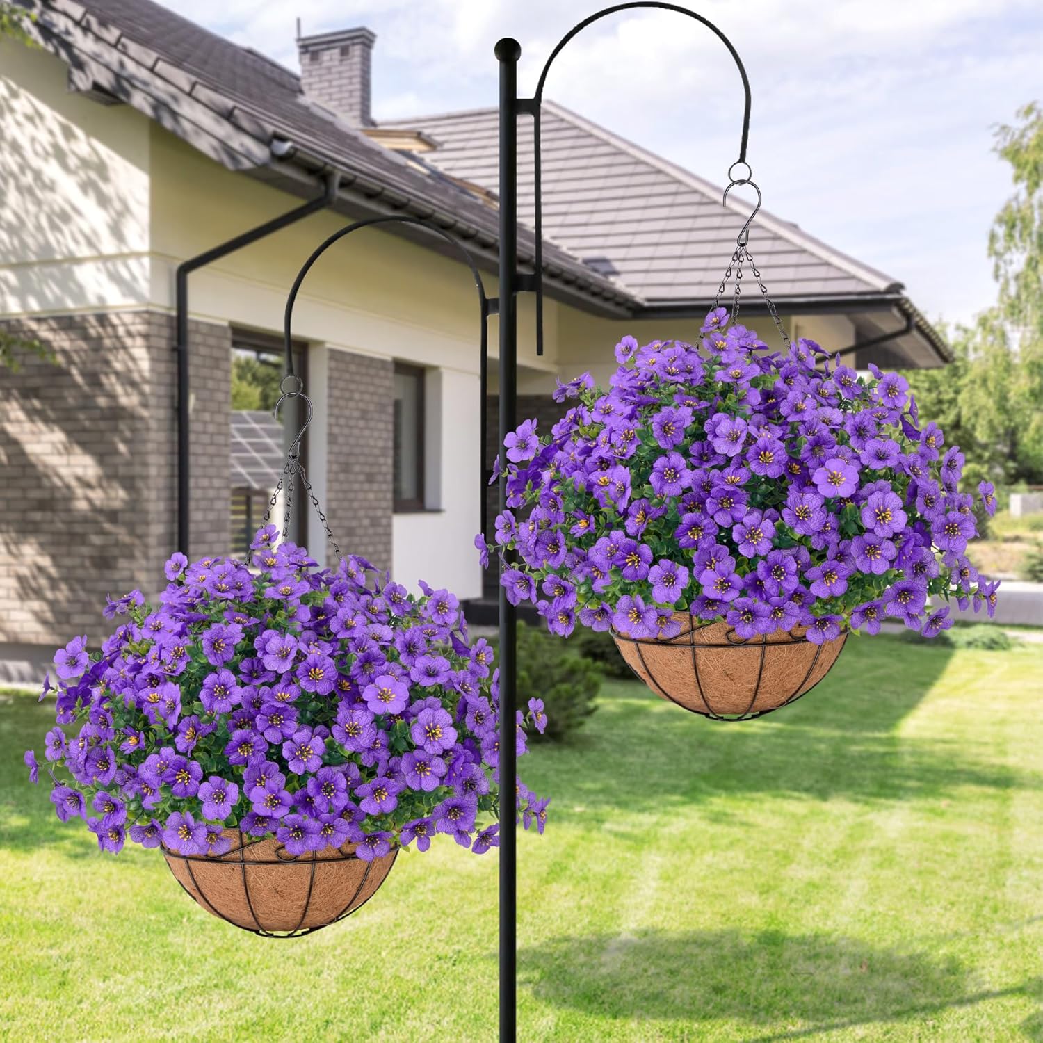 Bassion Artificial Hanging Flowers for Outdoors, UV Resistant Silk Flowers Basket Purple Faux Daisy with Eucalyptus Leaves Hanging Fake Plants for Porch Balcony Patio Home Spring Summer Decoration