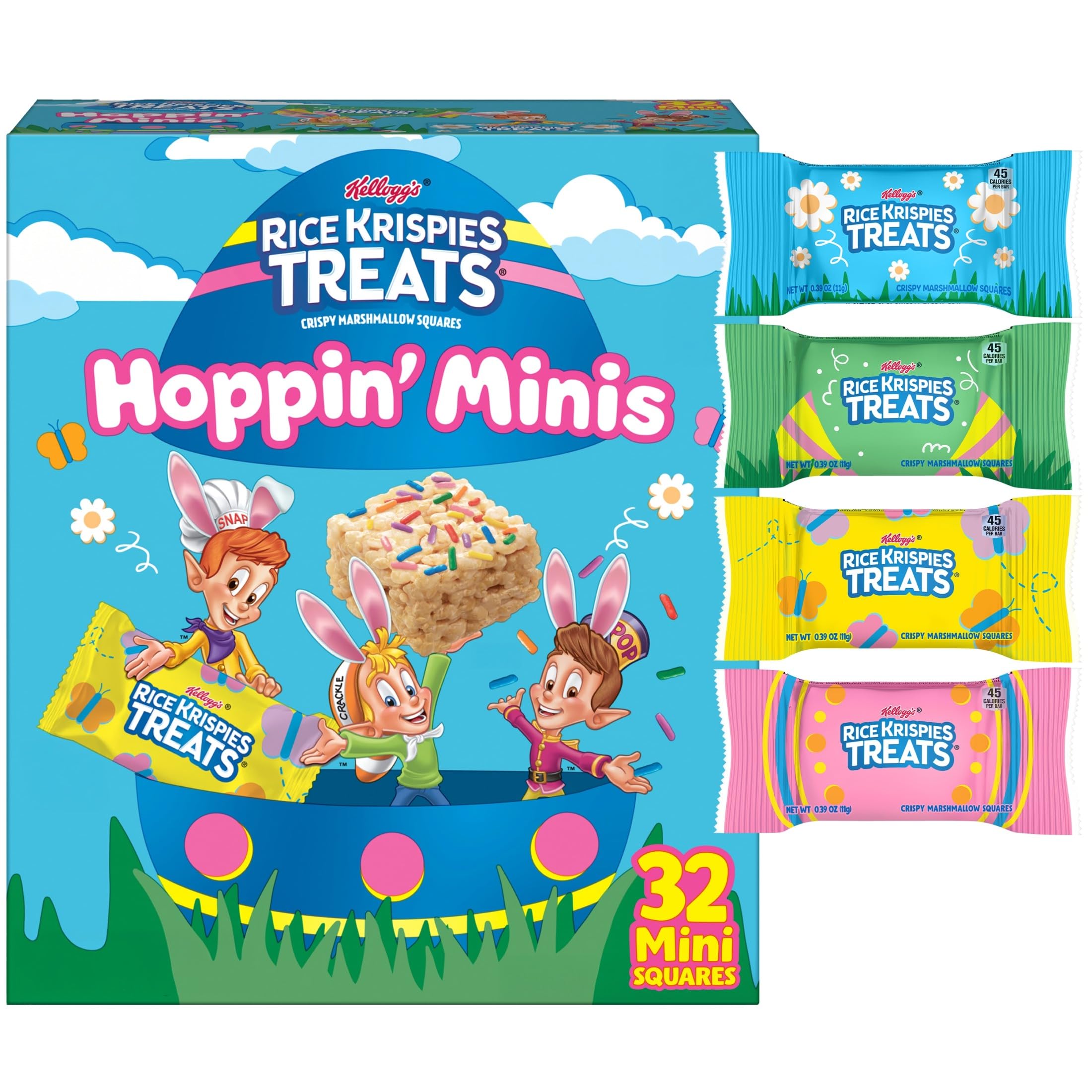 Crispy Mini Marshmallow Squares, Easter Snacks, Cereal Bars, Original with Colorful Sprinkles, 12.4oz Box (32 Count)