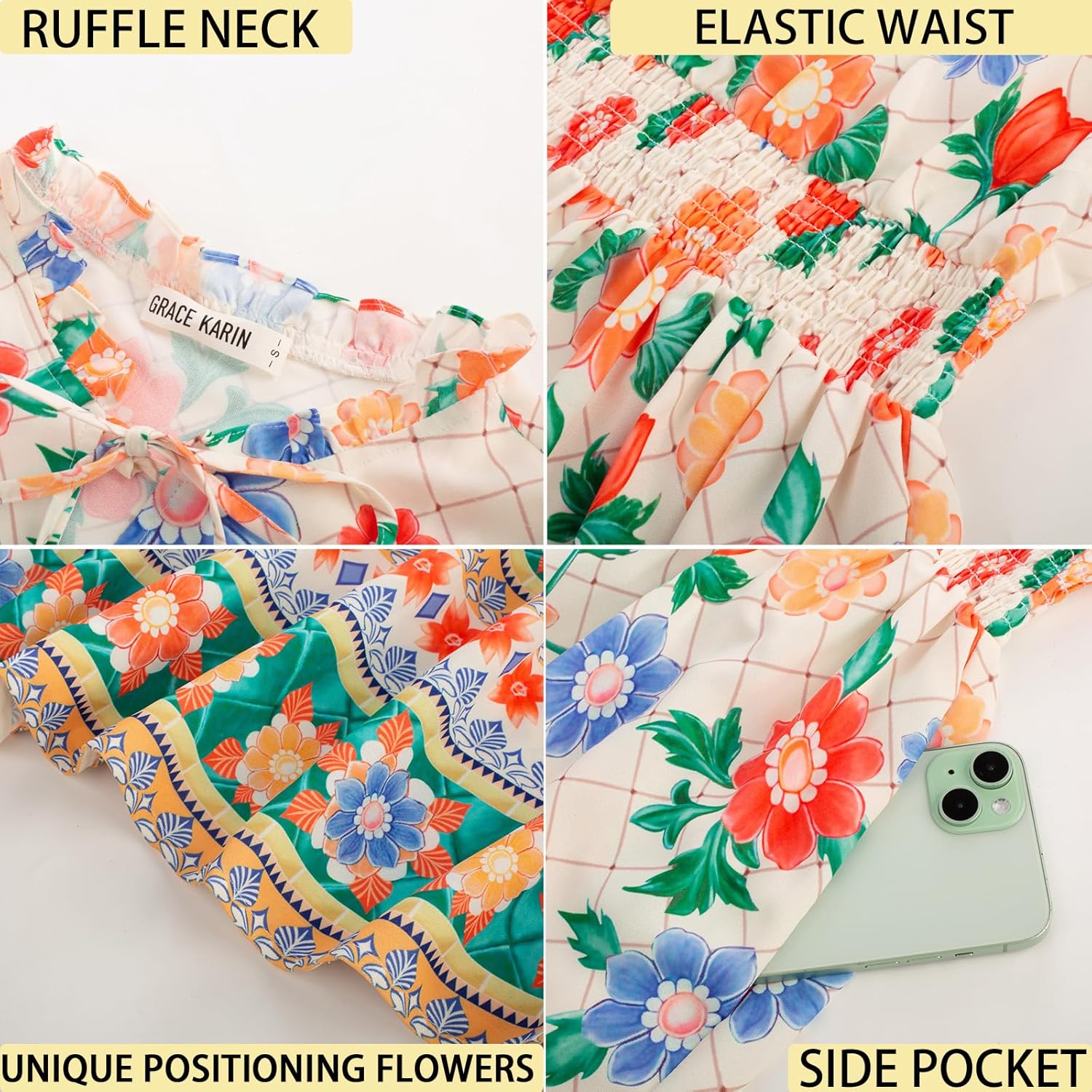 GRACE KARIN Women's Floral Boho Dress Hawaiian Dresse Short Sleeve V Neck Summer Beach Wedding Guest Swing Maxi Sundress - Image 5