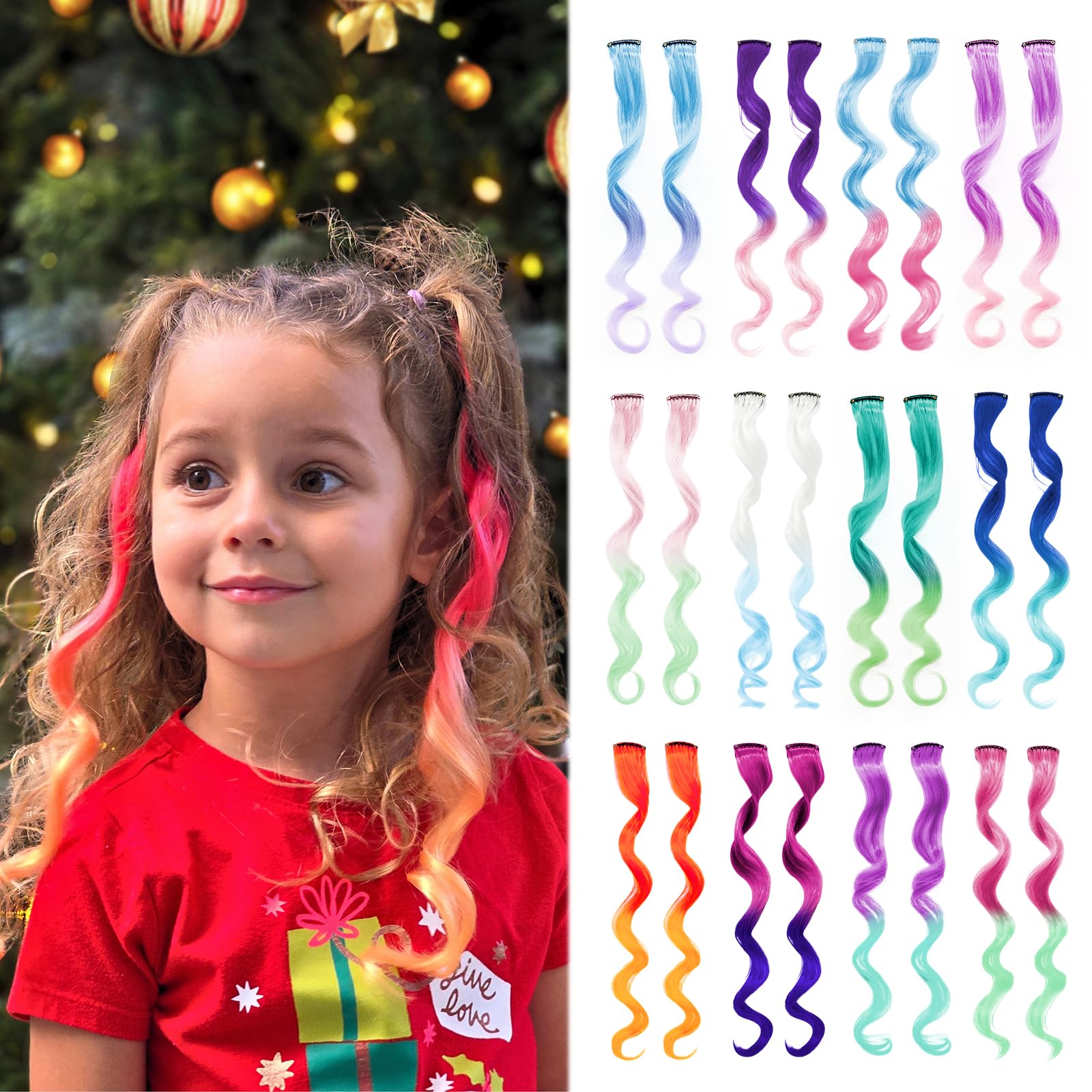 Dreamlover Colored Hair Extensions for Kids Clip In Rainbow Hair Extensions, Dual-color Curly Hairpieces for Halloween 24 Pieces