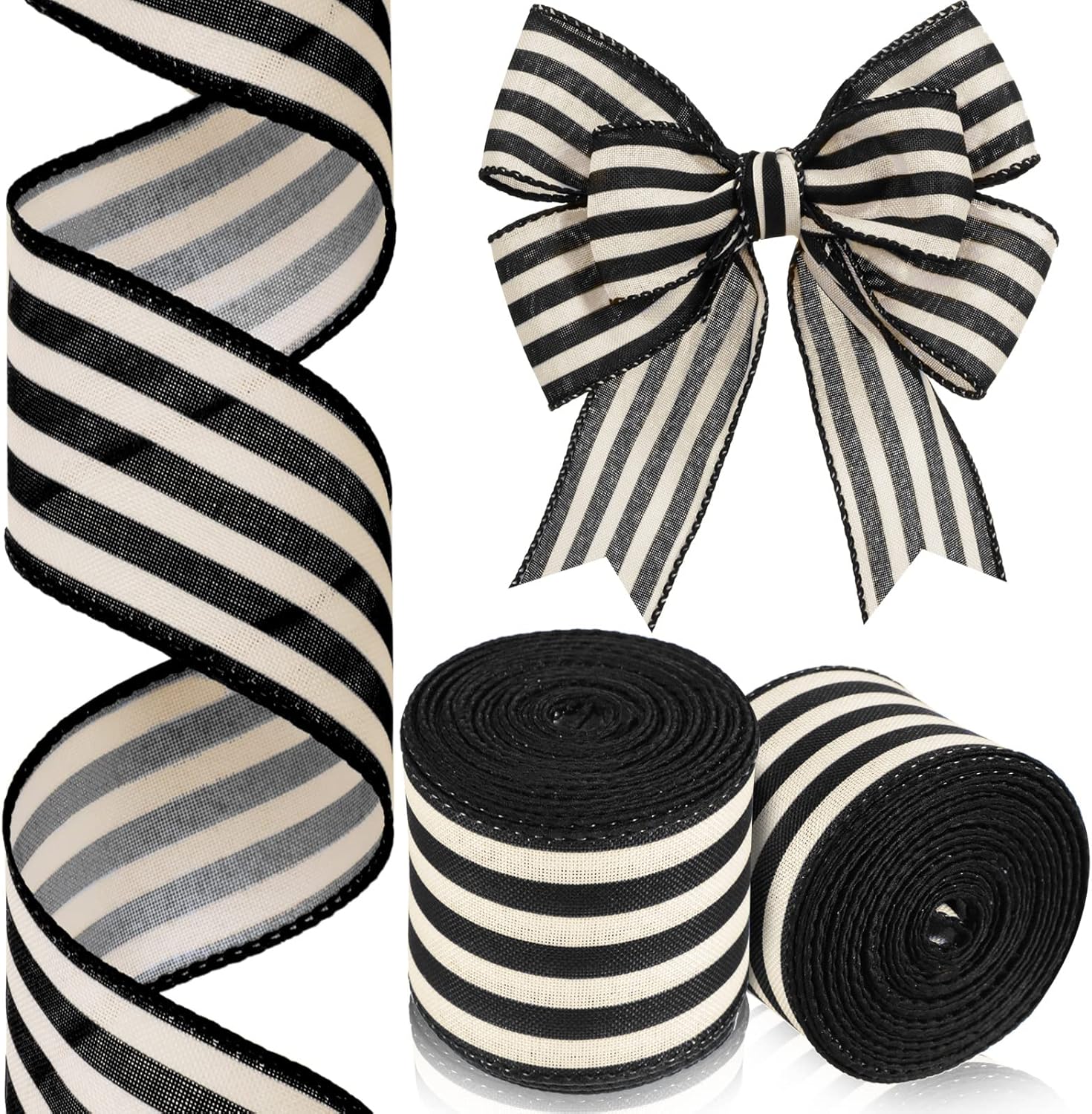 Moukeren 2 Rolls Black and Cream White Stripes Wired Edge