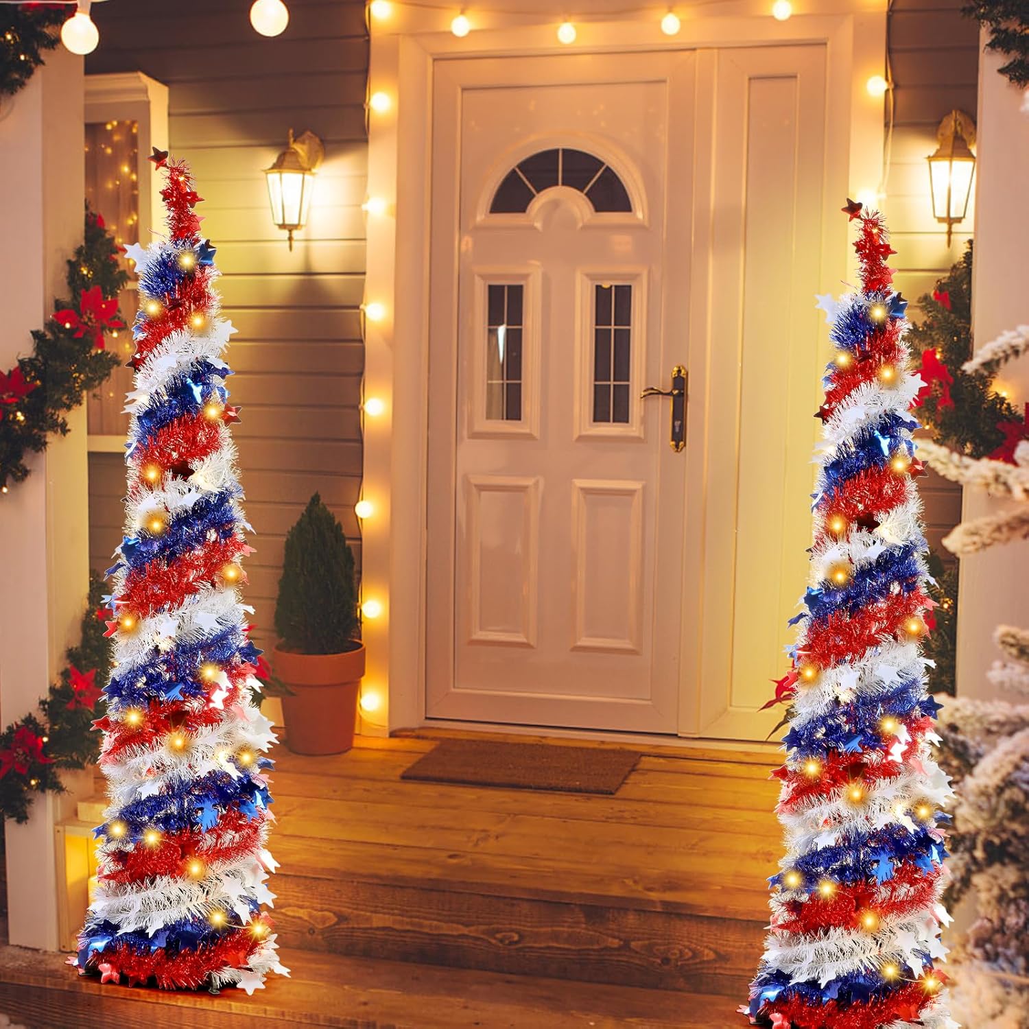 Liliful 2 Pieces 5 ft Pop up Tree with 50 LED 4th of July Collapsible Artificial Pencil Tinsel Independence Day Trees Usa Ornaments Reusable Patriotic Decorations for Home Indoor Outdoor Party Decor