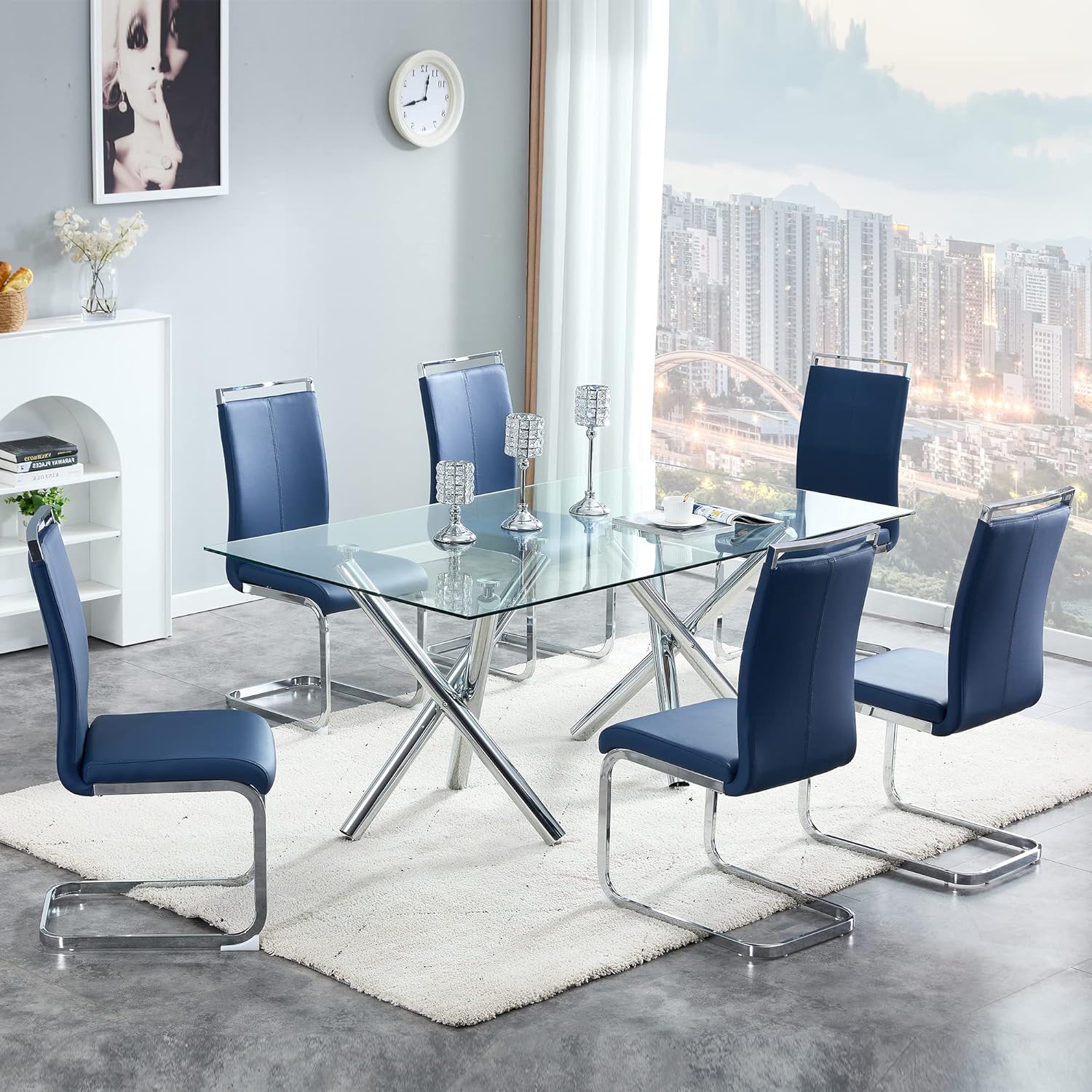 hohoedc 71" Glass Dining Table Set for 6,Glass Dinner