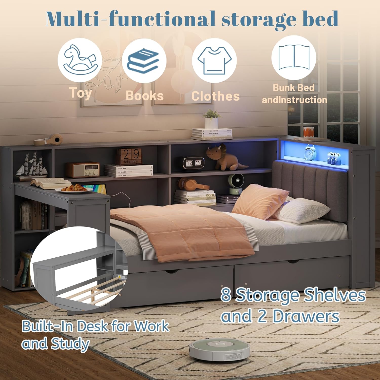 Twin Size Daybed with Desk & LED & Charging Station,Wood Daybed with Storage Drawers and Shelves for Kids Teens Adults, Sleeper Sofa Couch with Upholstered Headboard for Living Room Bedroom, Gray