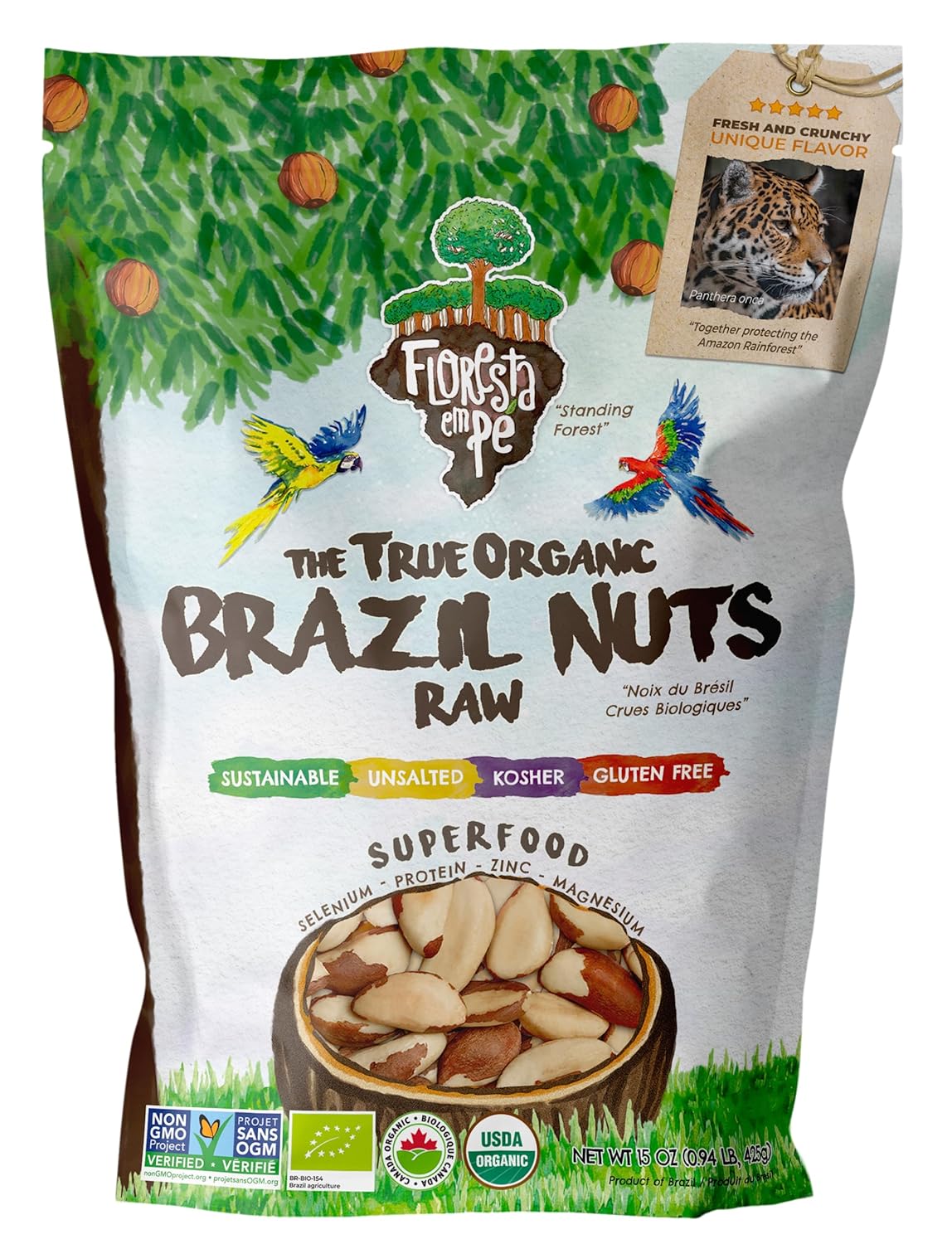 Floresta em Pé The True Organic Premium Brazil Nuts (15oz) Raw & Unsalted | KOSHER| Non-Gmo | Certified Organic | Fresh | Vegan | Gluten Free | Keto & Paleo Friendly | Sustainably Harvested