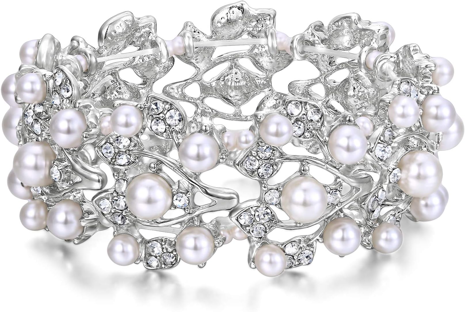 Crystal Cream Simulated Pearl 1920's Style Leaf Wedding Prom Stretch Bracelet for Women
