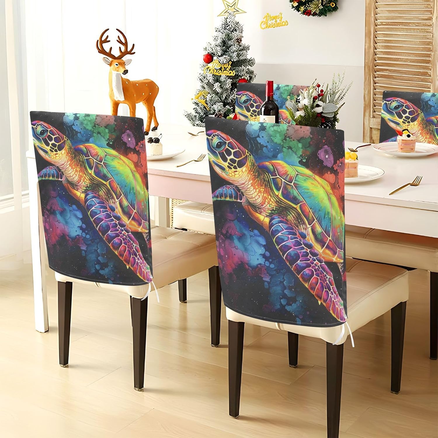 ALAZA Turtle in Rainbow Color Chair Back Cover Set of 6, Washable Reusable Removable Chair Slipcovers Decorative Chair Cover for Home Kitchen Wedding Party