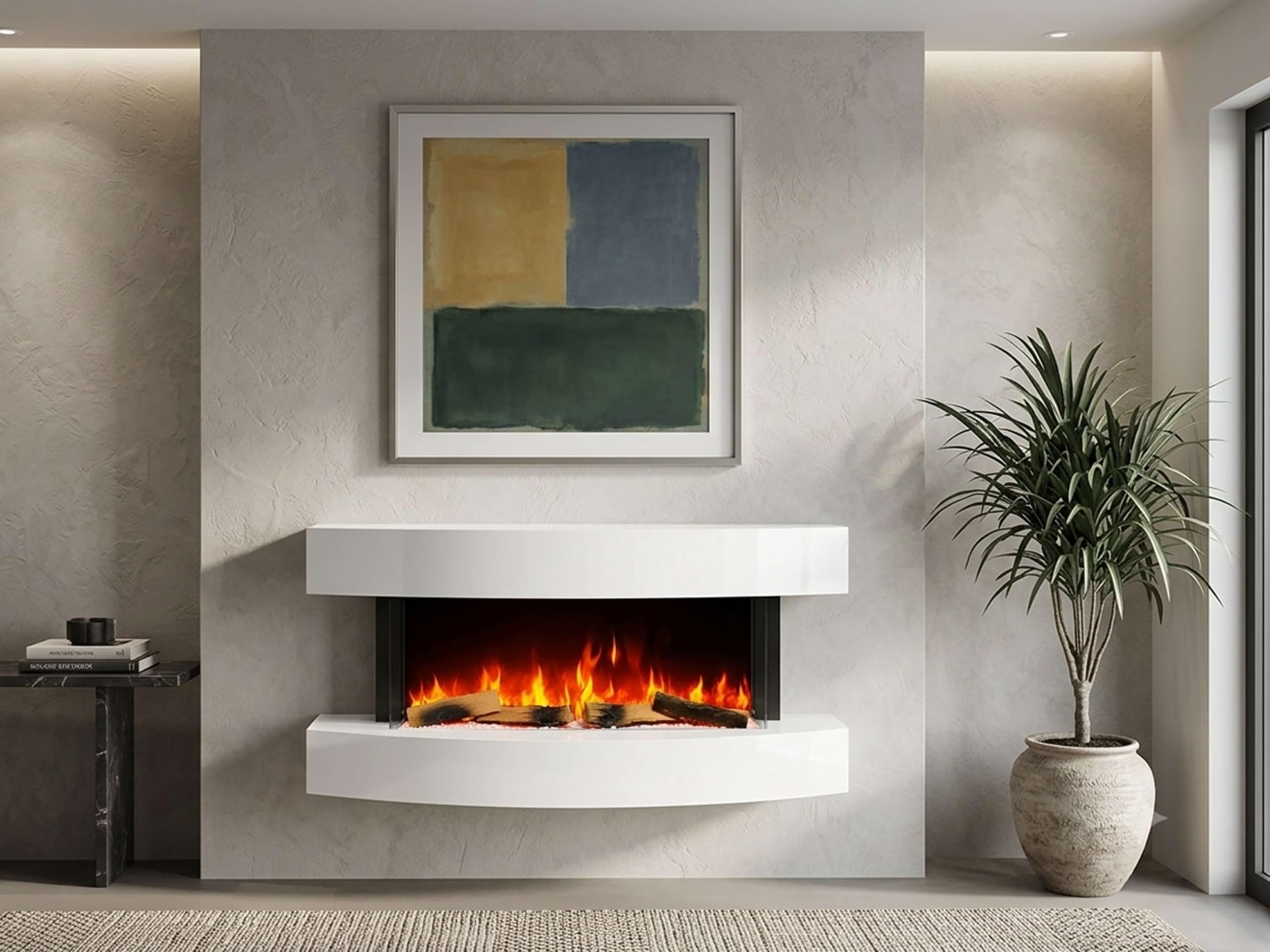 Lofoten AF48 Camino Elettrico da Parete e da Terra, 121 cm, Bianco, Effetto Fiamma 3D LED, Riscaldamento 1000W/2000W, App/Telecomando, Suono Scricchiolio, Termostato