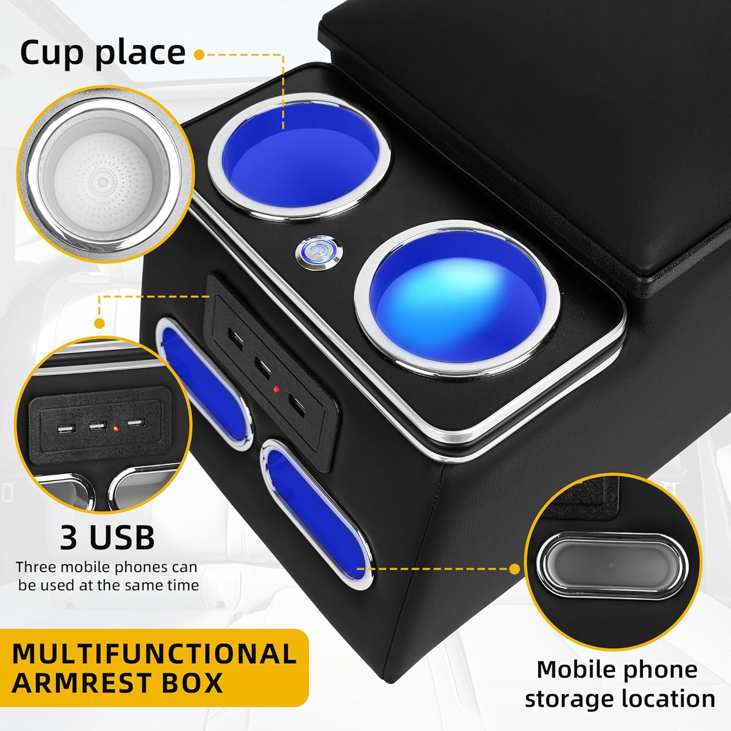 Universal Truck Seat Organizer with Padded Armrest Lid | Features 3 USB Ports, 2 Drawers & Cup Holders | Extra Storage for Car, SUV & Van