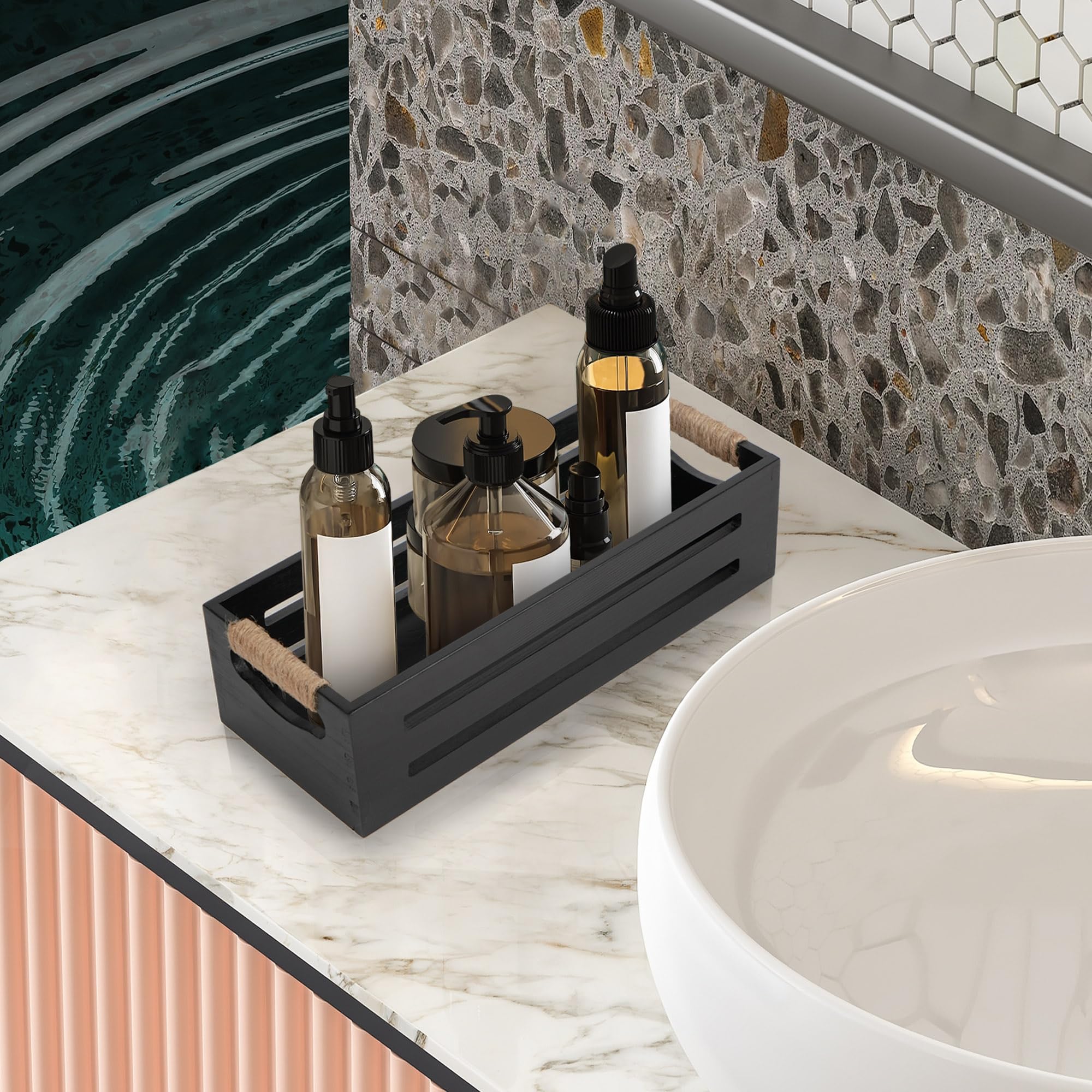 2er-Set Schwarze Badezimmer-Tabletts Aus Holz – WC-Aufbewahrungskörbe Für Toilettenpapier & Deko