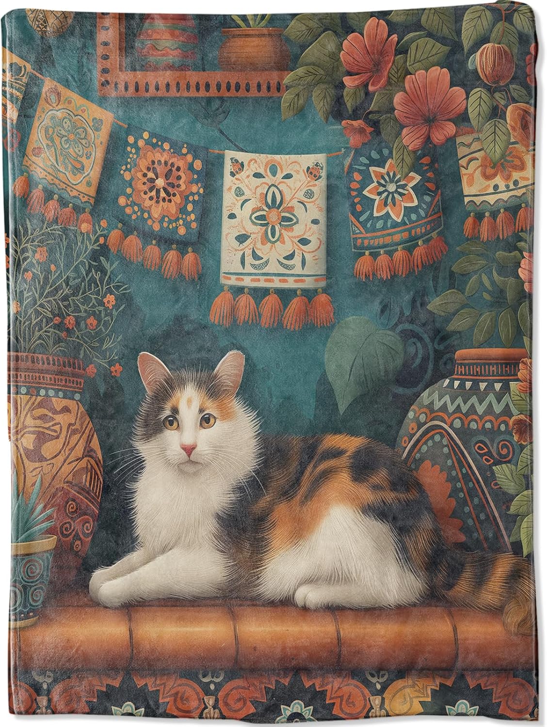 Exotic Calico Cat Blanket Gifts for Boys Girls Kids, Beautiful Potted Plant Flower Ornate Textile Throw Blankets for Sofa Office Couch Room Decor, Cozy Lightweight Warm Soft Throws, 50x60 in