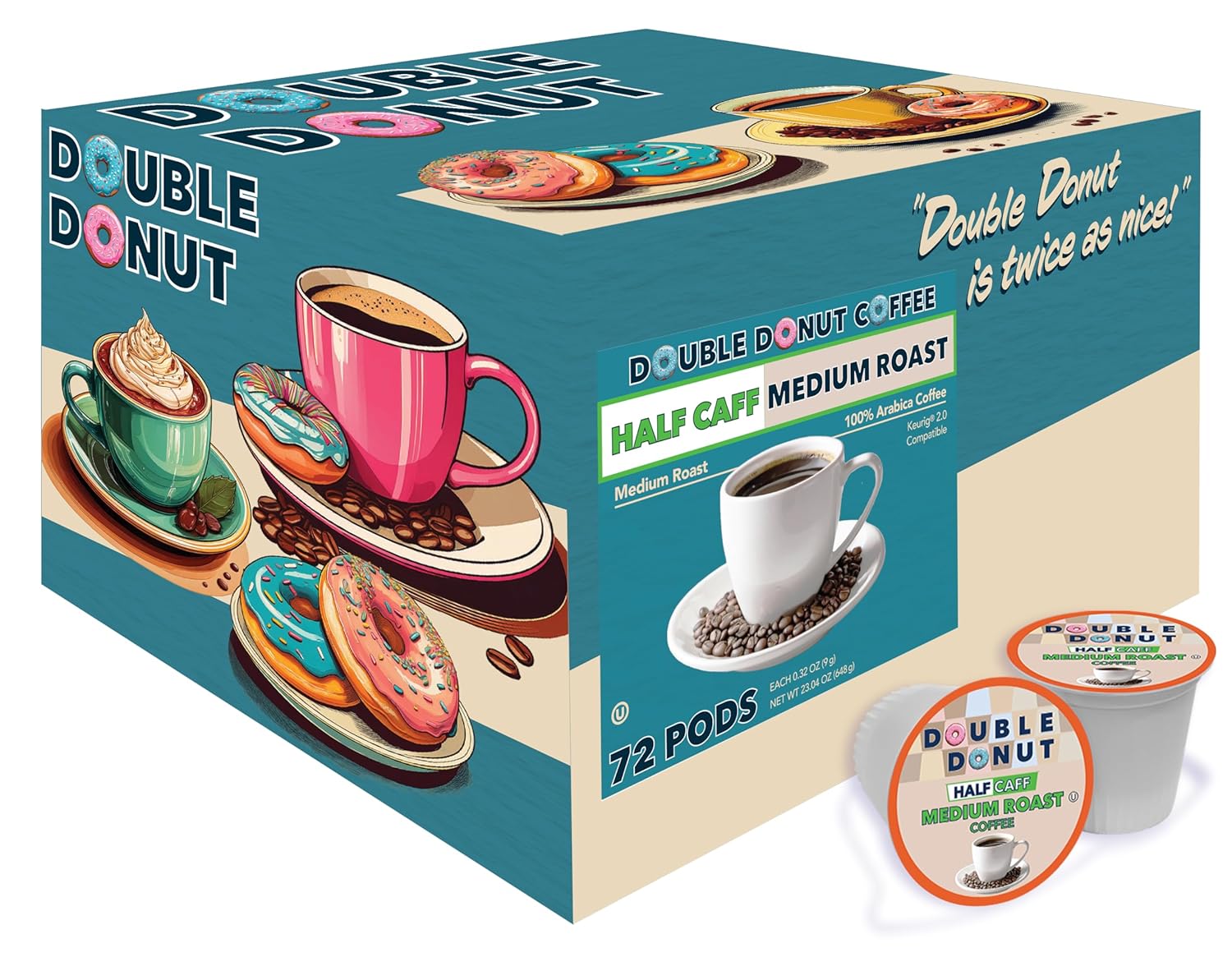 Double Donut Coffee Half Caff Coffee Pods, Single Serve Half Caffeine Coffee Pods For Keurig K Cup Brewers, Medium Roast, 72 Count