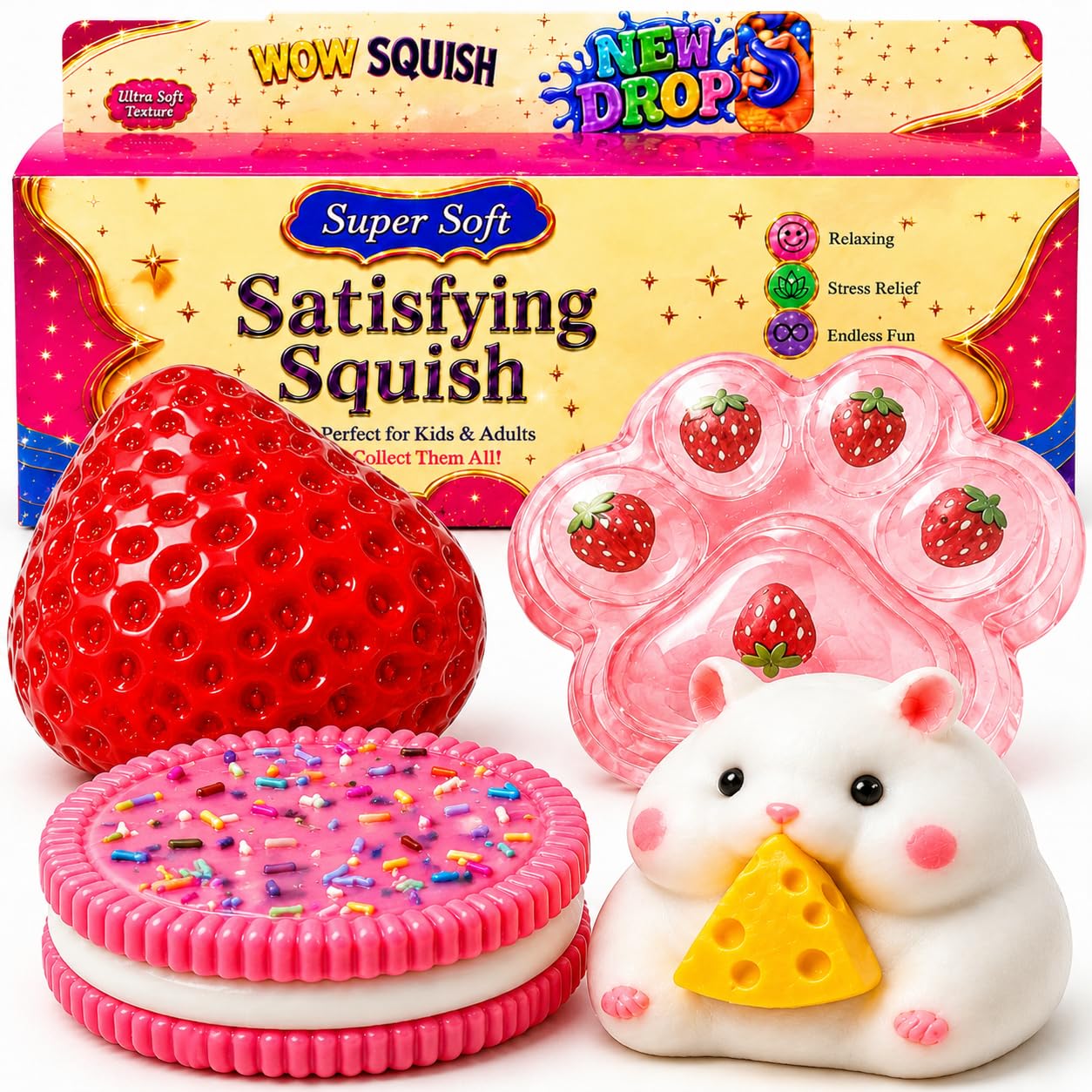 4PCS Cute Squishy Toys Set Strawberry Cookie Cat Paw Hamster Mochi Fidget Sensory Toy for Stress Relief Anxiety Calming Washable Desk Accessories Party Favors Gifts for Kids Adults — image 1
