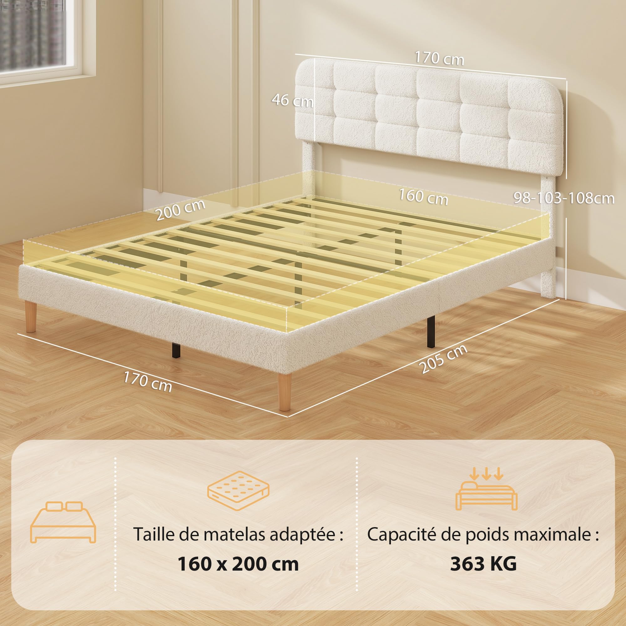 HOMCOM Cadre de lit 160 x 200 cm avec sommier, Tête Réglable, Blanc | Lit Double Rembourré Velours Boucle, Support à Lattes en Bois, Rangement au-dessous, Sans Bruit, Montage Facile