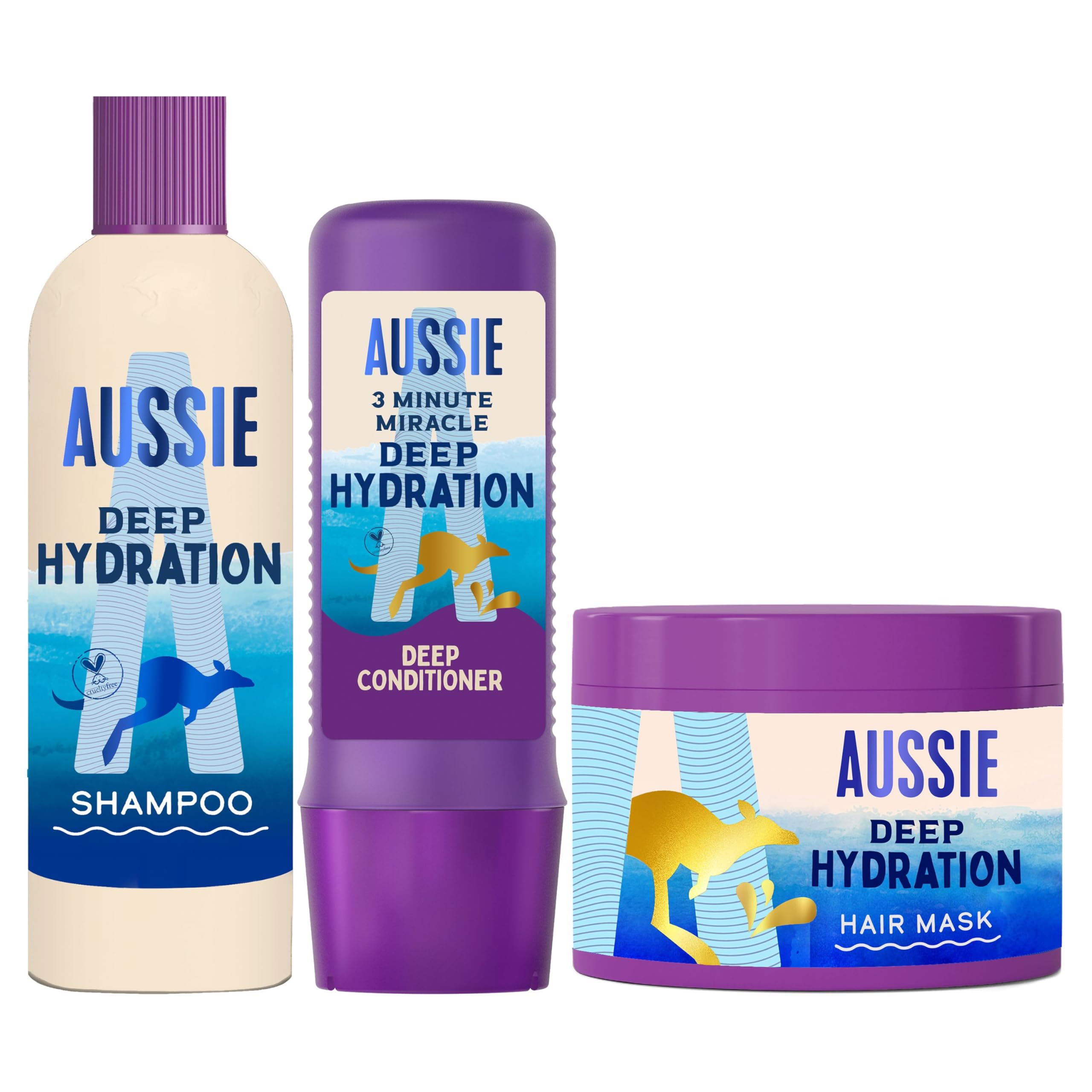 Aussie Hidratación Profunda Champú 300ml + Mascarilla 500ml + 3 Minute Miracle 250ml para Hidratar el Pelo Muy Seco y Grueso