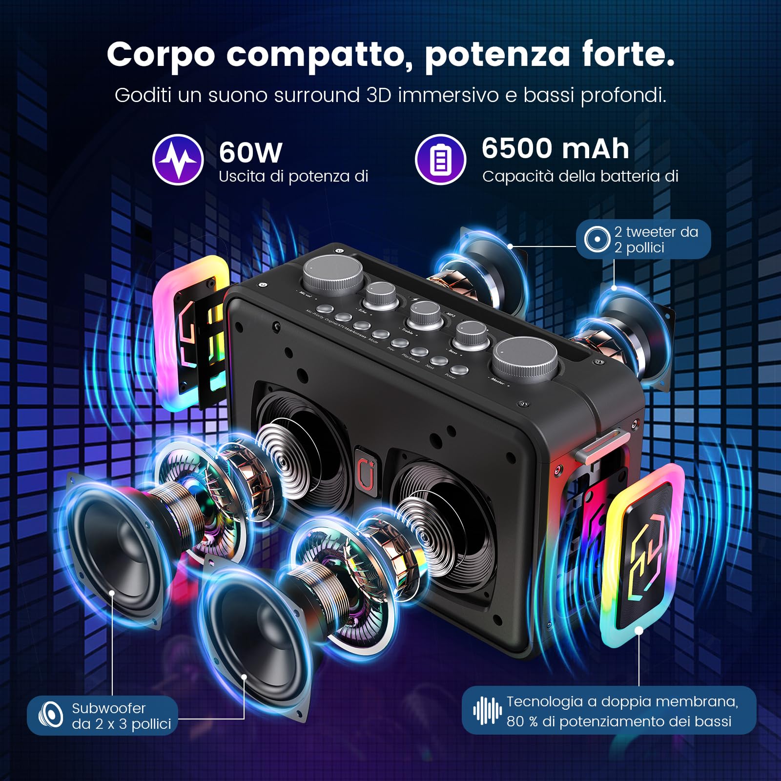 HWWR Macchina per Karaoke con 2 Microfoni, 60W Portatile Bluetooth 5.3 per Adulti, Supporta Ingresso Scheda TF/USB/AUX, Funzione di Registrazione, Ideale per Riunioni di Famiglia