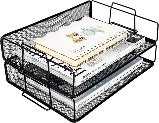EasyPAG 2 Tier A4 Mesh in Trays Stackable Office Desk Tidy File Holder Magazine Storage Paper Organiser,Black