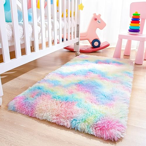 junovo Soft Rainbow Area Rugs for Girls Room, Fluffy Colorful Rugs Cute Floor Carpets Shaggy Playing Mat for Kids Baby Girls Bedroom Nursery Home Decor, 2ft x 4ft Tie-Dyed Rainbow