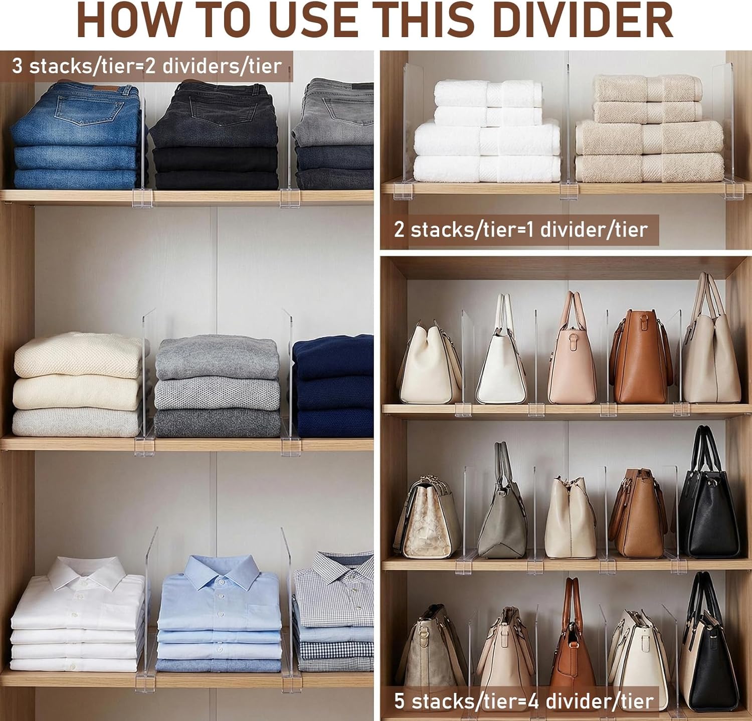 12 Pack Acrylic Shelf Dividers for Closet, 11.8x7.9x1.18 in, Clip on Clear Plastic Shelf Separators for Pantry Wardrobe Bookshelf