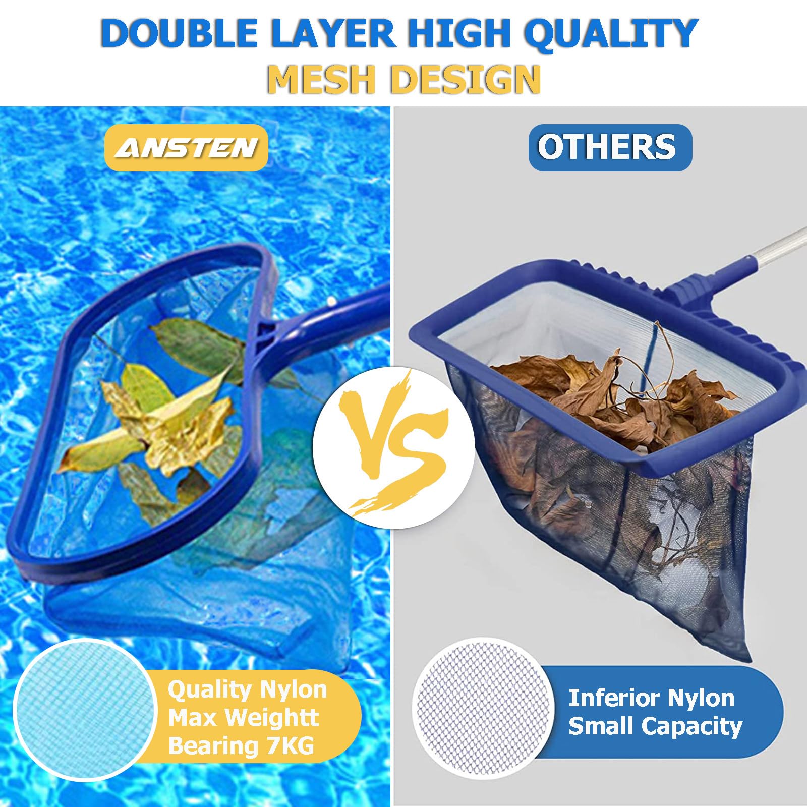 ANSTEN Retino per Piscina con aste telescopiche, Retino Piscina Retino Pulizia Piscina, Retina Foglie Raccogli, Retino Piscina Professionale per Pulizia Piscina, laghetto, fontana o acquario