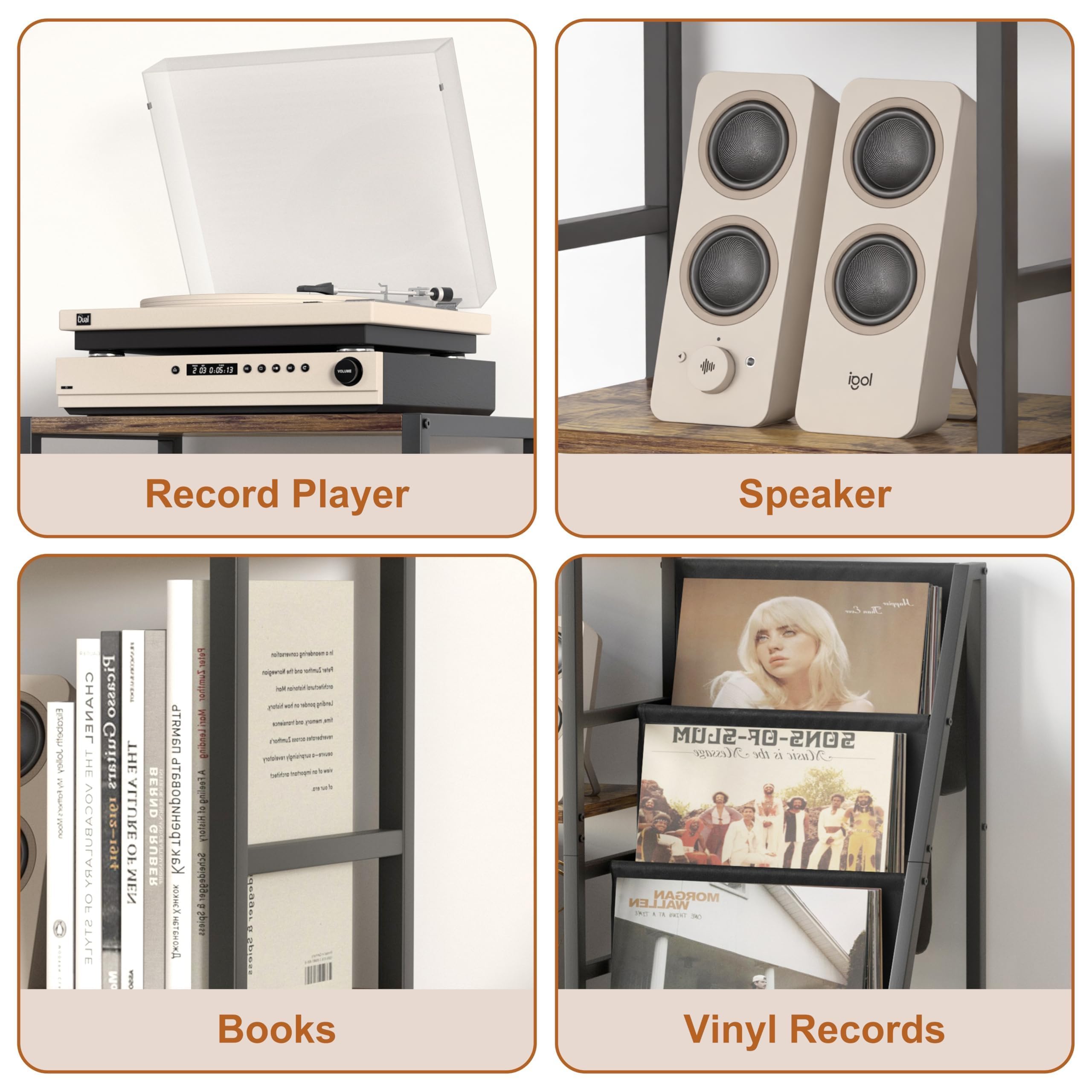 Mobile Giradischi e Porta Vinili, Porta Dischi Vinile, Vinili da Parete a 3 Livelli, Mobile per Giradischi e Vinili Archiviazione fino a 200 Albums, Cds
