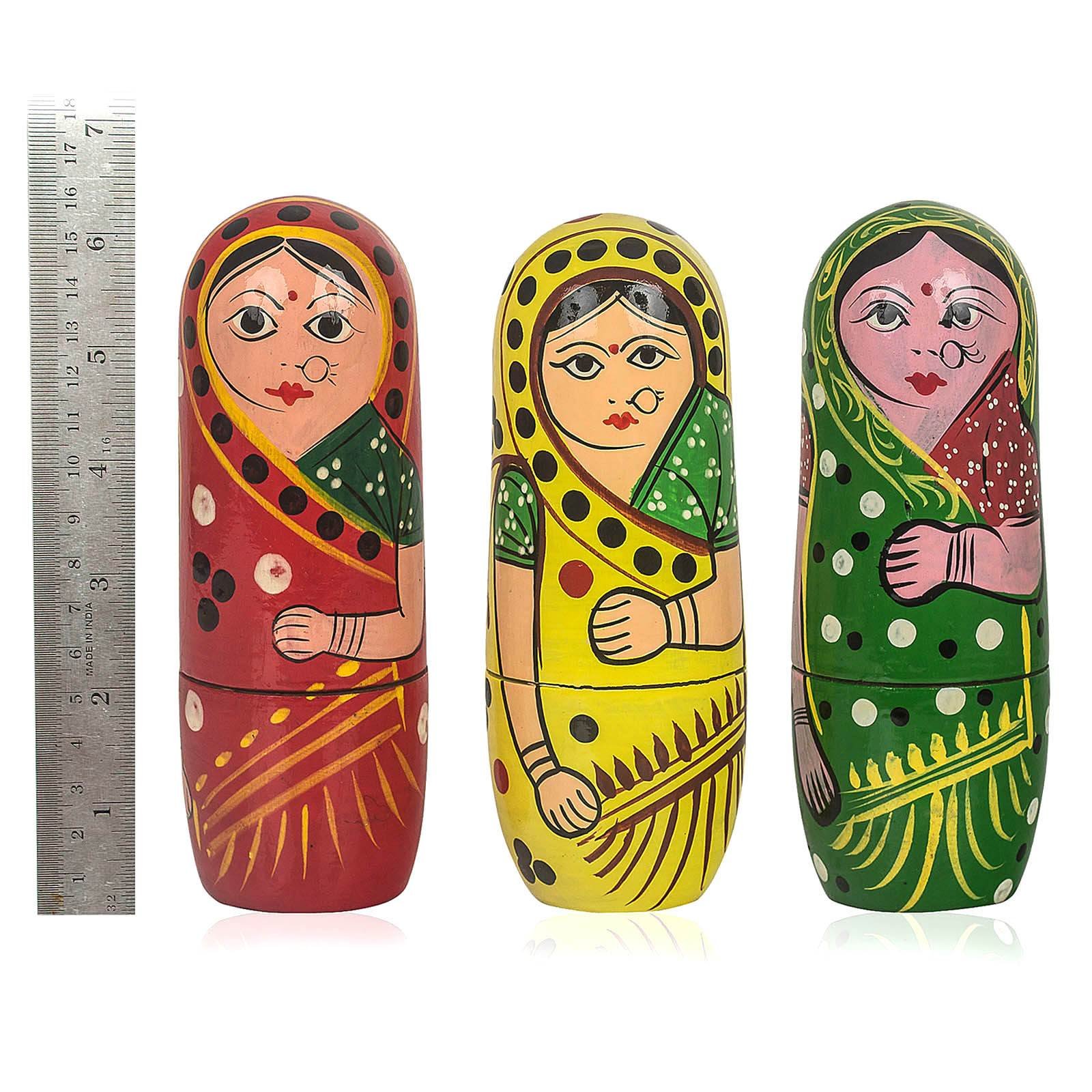 Fine Craft India 15 Pcs Red Yellow Green Color Hand Painted Wooden Russian Nesting Dolls 3
