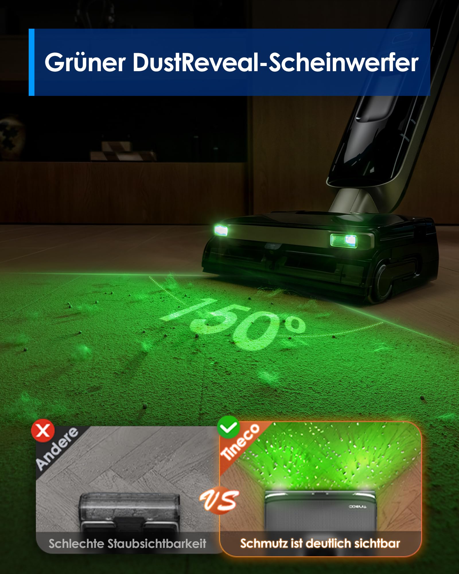 Tineco Floor ONE S9 Master Nass Trockensauger, StreakFree-Abzieher, ThermoBlast-Tech, 9,9 cm Superflaches Gehäuse, 23000Pa Saugerkraft, Flashdry-Selbstreinigung, 150° Grüner DustReveal-Licht