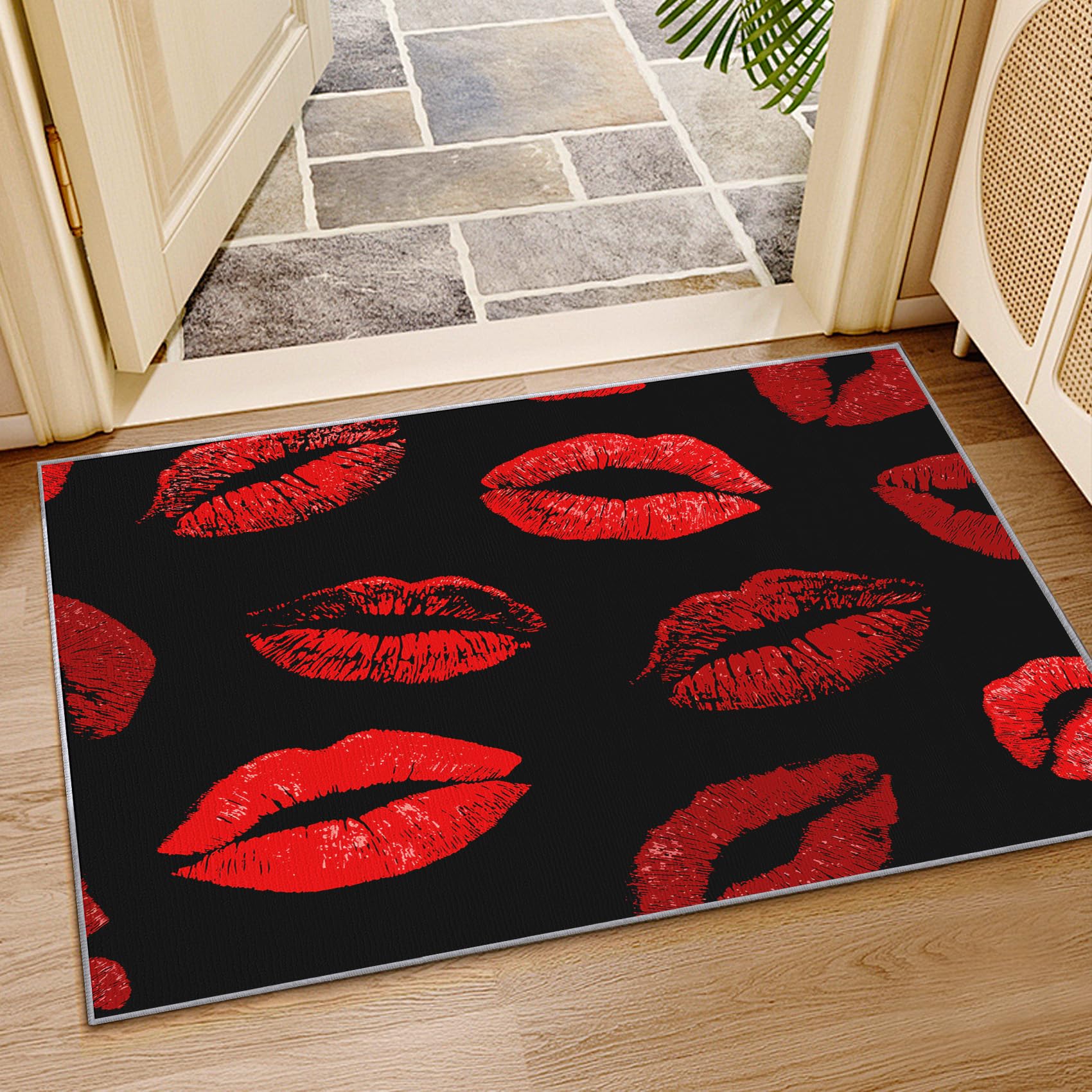 Lippen Teppich Waschbar, Sexy Rote Lippen Teppich 80x150 cm, Valentinstag Kuss Lippenstift rutschfest Waschbar Pflegeleicht Teppiche Für Schlafzimmer Küche, Schwarz Rot