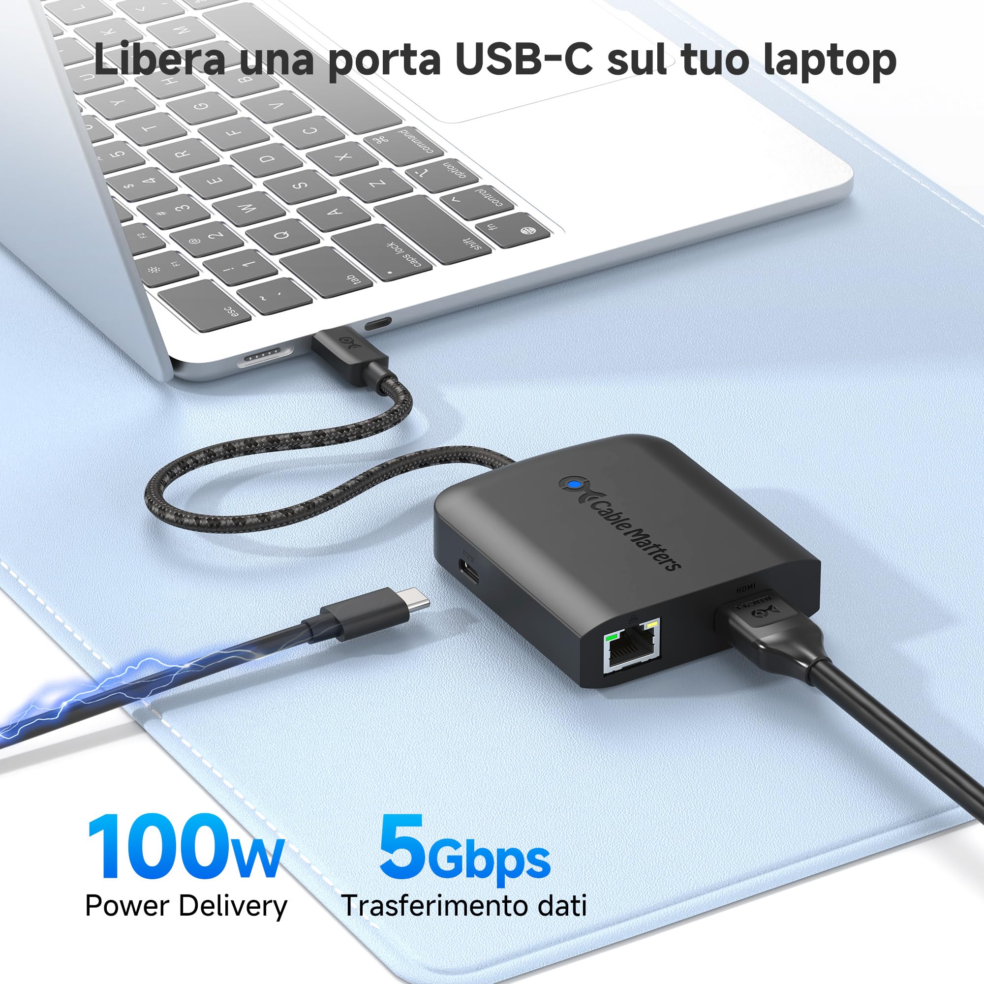 Hub Cable Matters HDMI USB-C con 2 porte USB3.0, Nera, 8K, HDMI 2.1 | 4K@120Hz, Gigabit Ethernet, 100 W Power Delivery, Nero, 5 Gbit/s trasferimento dati