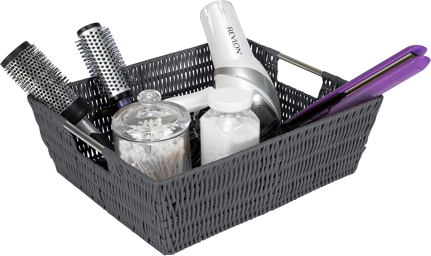 Simplify 15"x13"x5" Shelf Storage Woven Handles, Nursery, Playroom, Toys, Bedroom, Closet, Clothes, Office, Decorative Organizer Basket Rattan Totes, Large, Charcoal