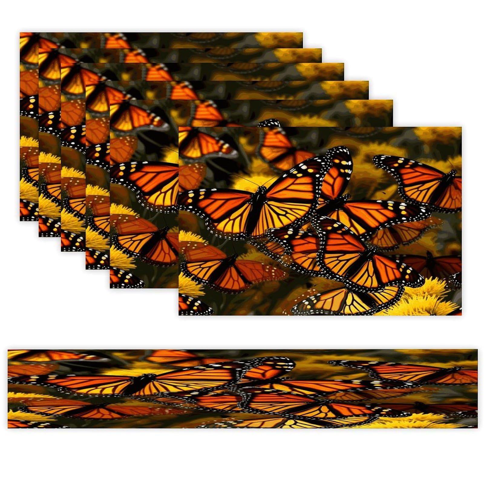 Monarch Butterflies Table Runner and Placemats Set of 6 for Kitchen Washable Table Mats Heat Resistant Place Mats Non-Slip Place Mat Wipeable Placemat(6 Placemats+1 Table Runner)