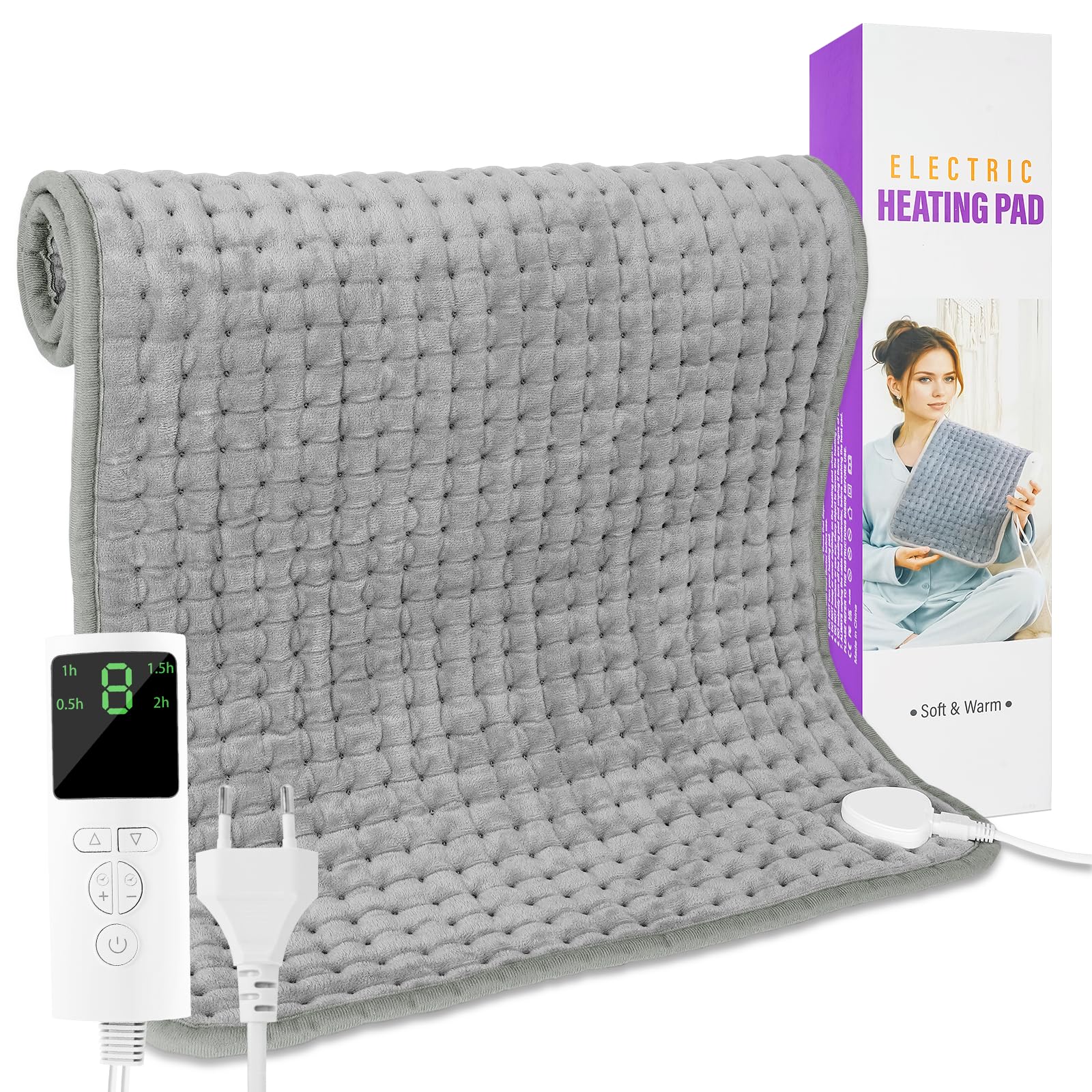 Manta Eléctrica Lumbar, 84 X 43 Cm Manta Termica Con Apagado Automático, 9 Ajustes de Temperatura y 4 Temporizadores, Heating Pad Para Espalda, Cuello, Hombros y Vientre, Lavable a Máquina (Gris 1)