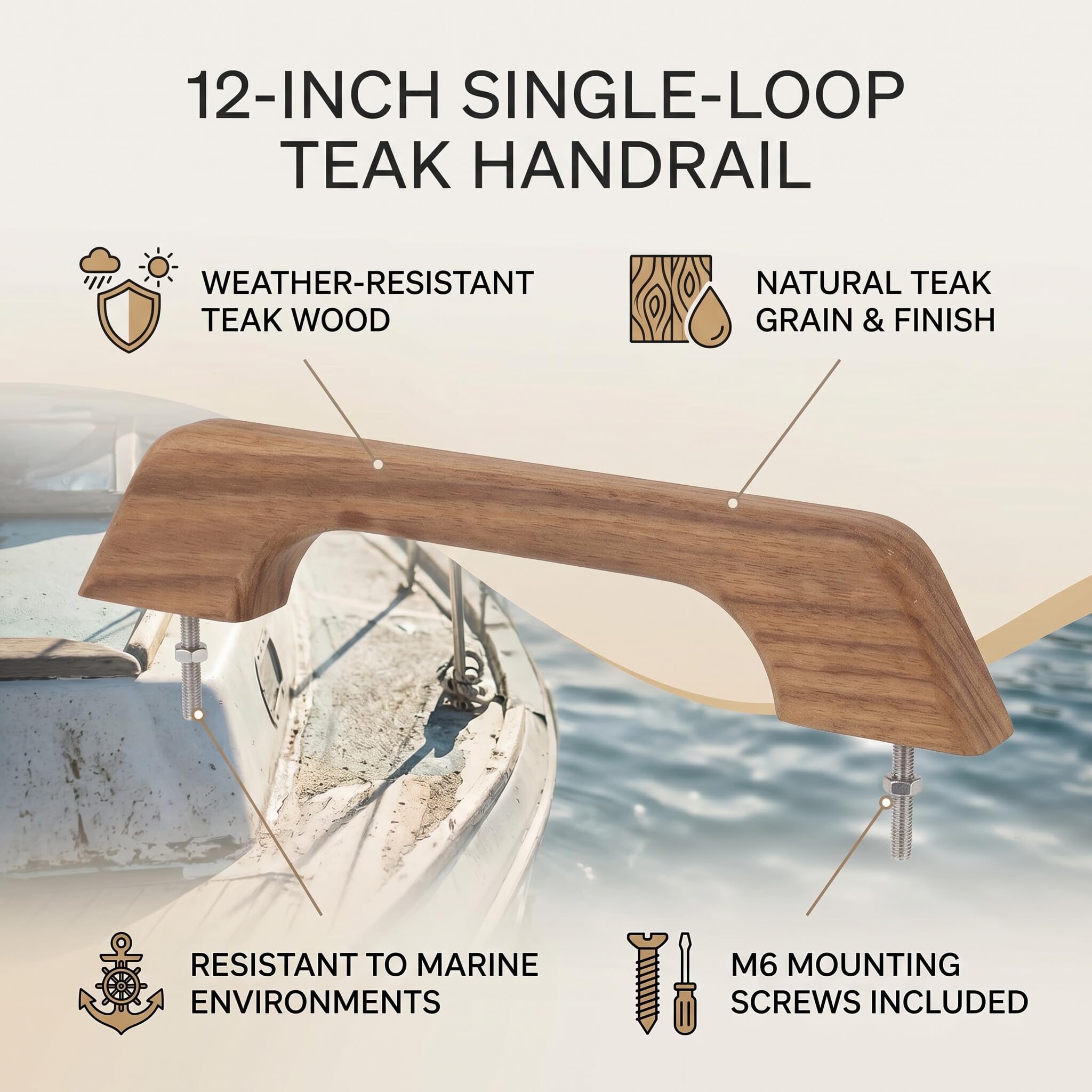 Haofy Teak Holzgriff für Boot, 12-Zoll-Wetterhandlauf mit 2 Bolzen, Marine Wohnmobil Zubehör, Hergestellt aus Teak, Einzigartiges Kornmuster, Lang Anhaltende, Einfache Installation,