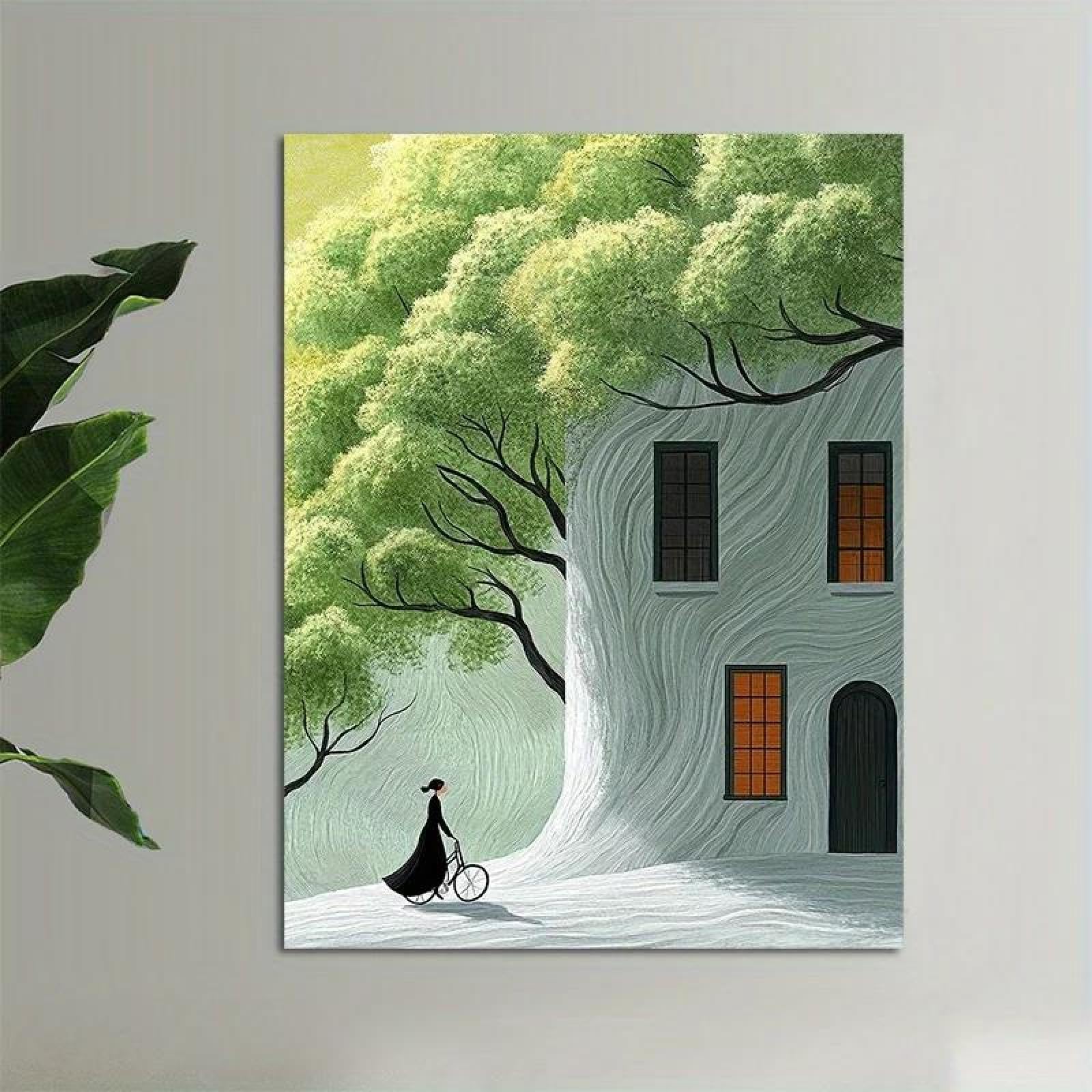 Yocheng Whimsical Treehouse Wall Art Canvas Print-Enchanting Fairy Tale Scene With Woman And Bicycle 21x30cm No Frame