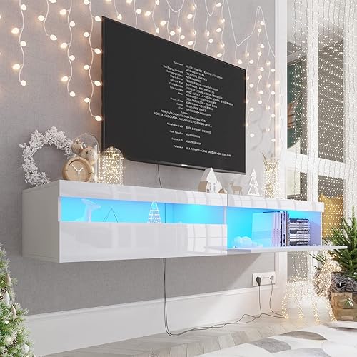 Miniatura 10 de Soporte flotante de madera maciza para TV con iluminación LED y toma de corriente, centro de entretenimiento de alto brillo de 71 pulgadas montado