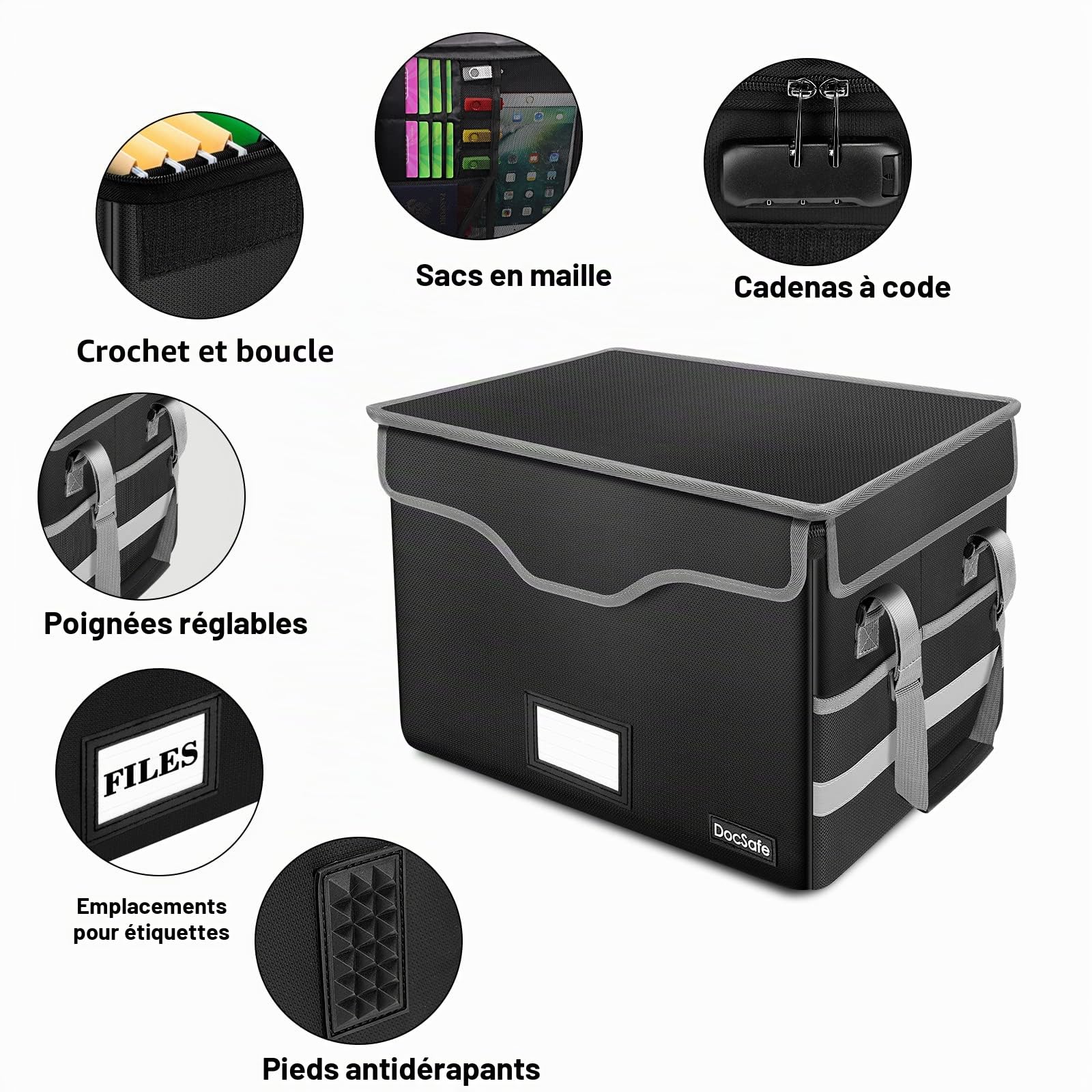 DocSafe Boîte de classement ignifuge avec serrure, boîte de rangement de fichiers avec poches en maille, boîte de classement portable pliable avec poignée pour accrocher des lettres/dossiers