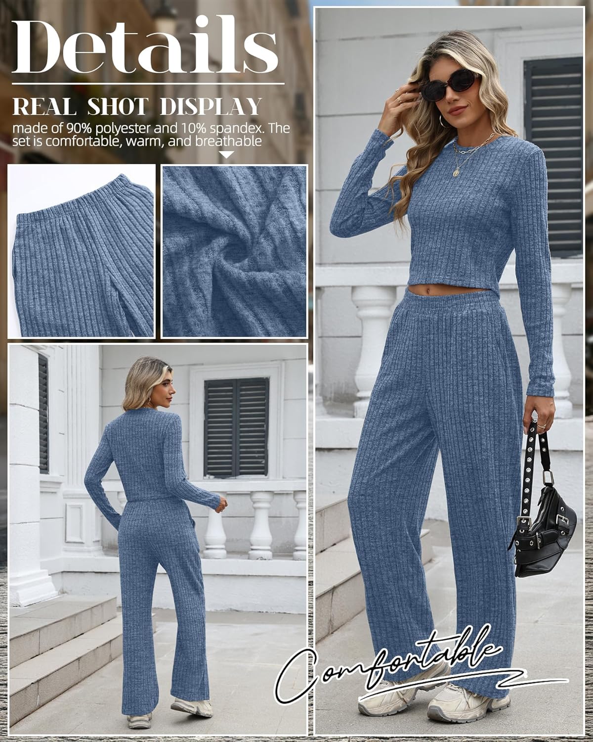 Women's 2 Piece Lounge Sets 2026 Ribbed Long Sleeve Crop Top Wide Leg Pants Travel Outfits Casual Matching Set - Image 5
