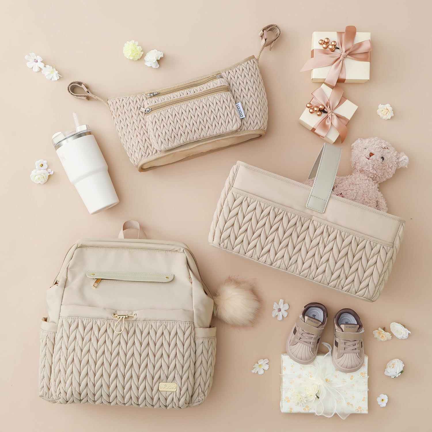 Luxurious Baby Diaper Caddy, Nursery Storage Basket for Newborn Essentials, Travel Baby Basket for Diapers Baby Wipes, Organizer Tote Bag Storage Bin, Baby Shower Gifts(Beige)