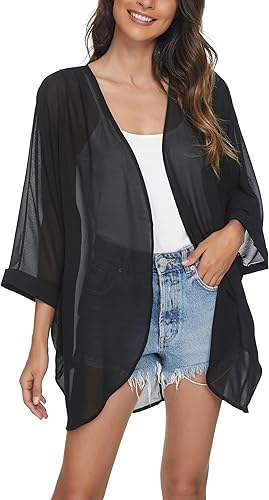 olrain Cárdigan Kimono Suelto Casual para Mujer con Estampado Floral de Gasa Transparente con Mangas 34 de Murciélago tipo Capa