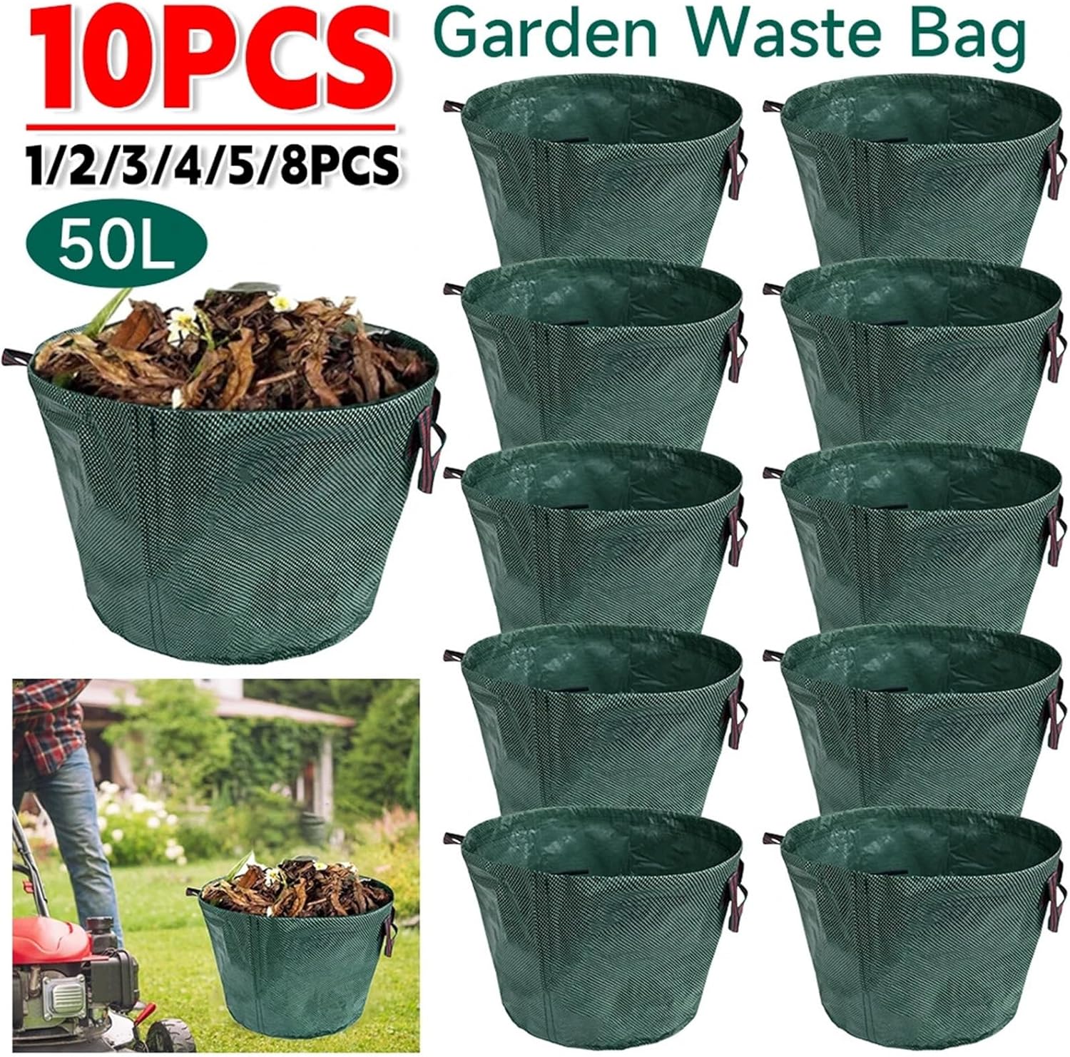 50L Foldable Garden Waste Bag Waterproof Yard Leaf Sack Light Camping Trash Can Collect Leaves Debris Storage(2PCS)