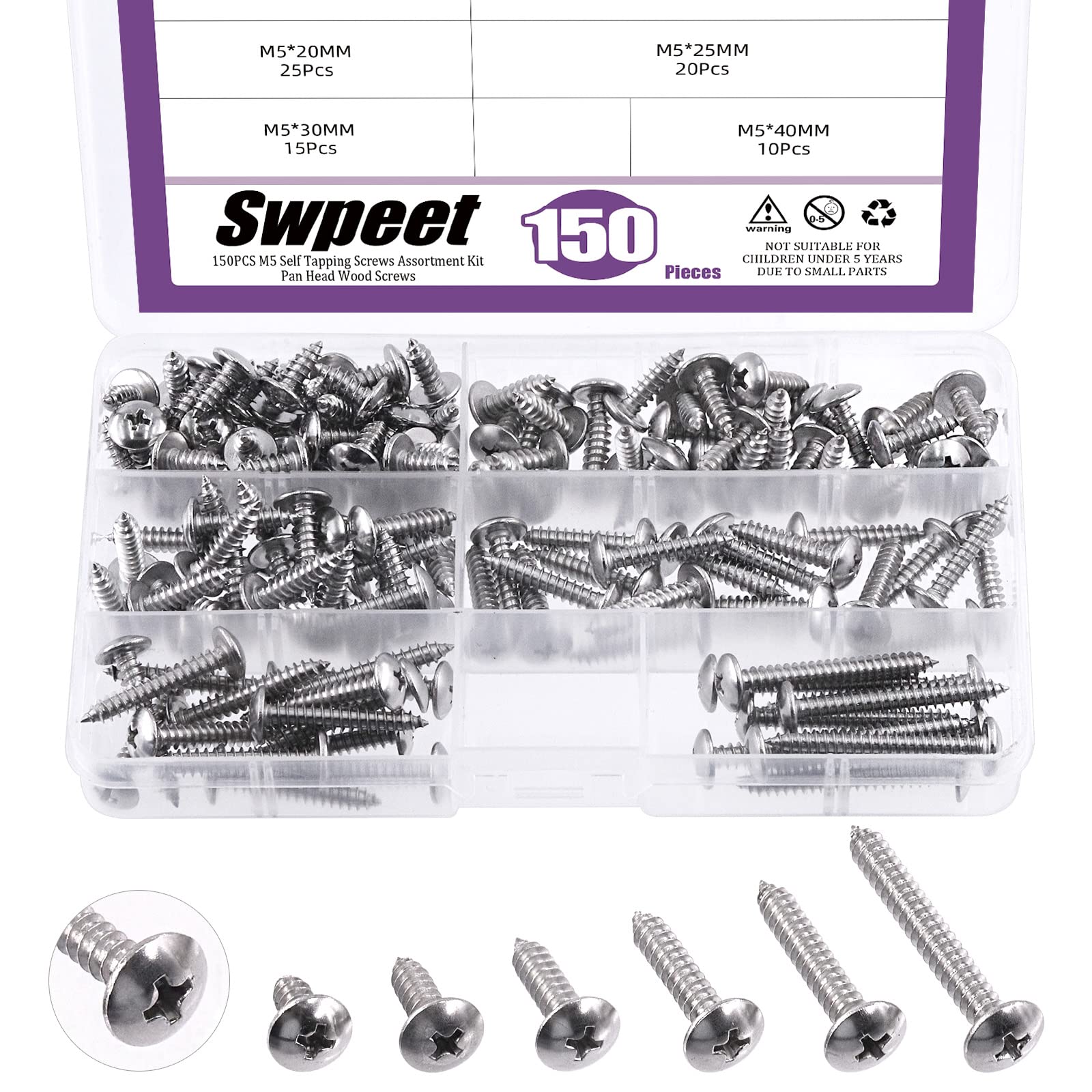 Swpeet 150Pcs #10 x 1/2" to 1-3/5" 304 Stainless Steel Phillips Truss Head Self Tapping Screws Phillips Cross Drive Wood Screws Sheet Metal Screws Assortment Kit for Sheet Metal, Wood, PVC Plastic