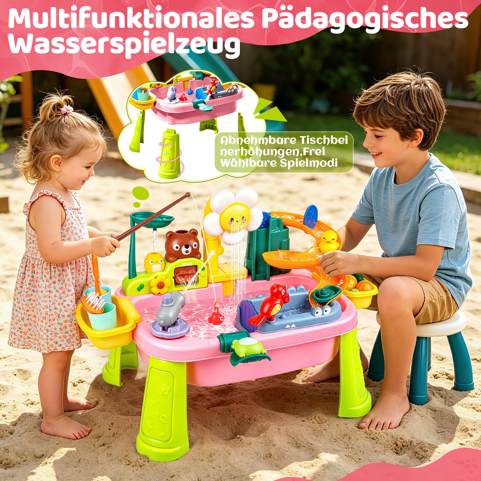 Kinder Spülbecken, Kinderwaschbecken mit Wasserkreislauf, Waschbecken Kinder mit Wasserfunktion, Wasserspieltisch mit Elektrischem Wasserhahn Obst Gemüse und Angelspielzeug ab 3 Jahre (Rosa)