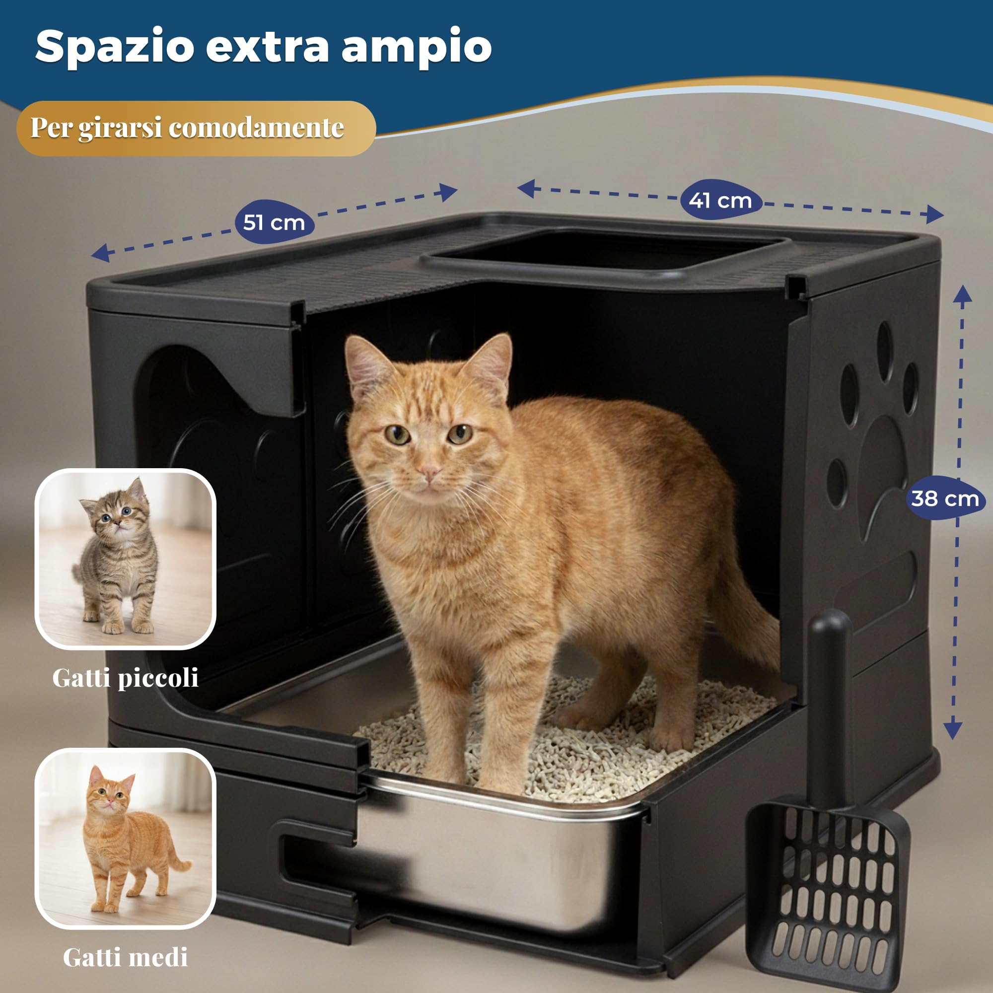 Lettiera gatto acciaio inox – Toilette chiusa con vassoio estraibile Antiodore, antiperdita, facile da pulire – Entrata avanti/uscita superiore – Lettiera gatto con paletta (38,3×51×41 cm),Nero